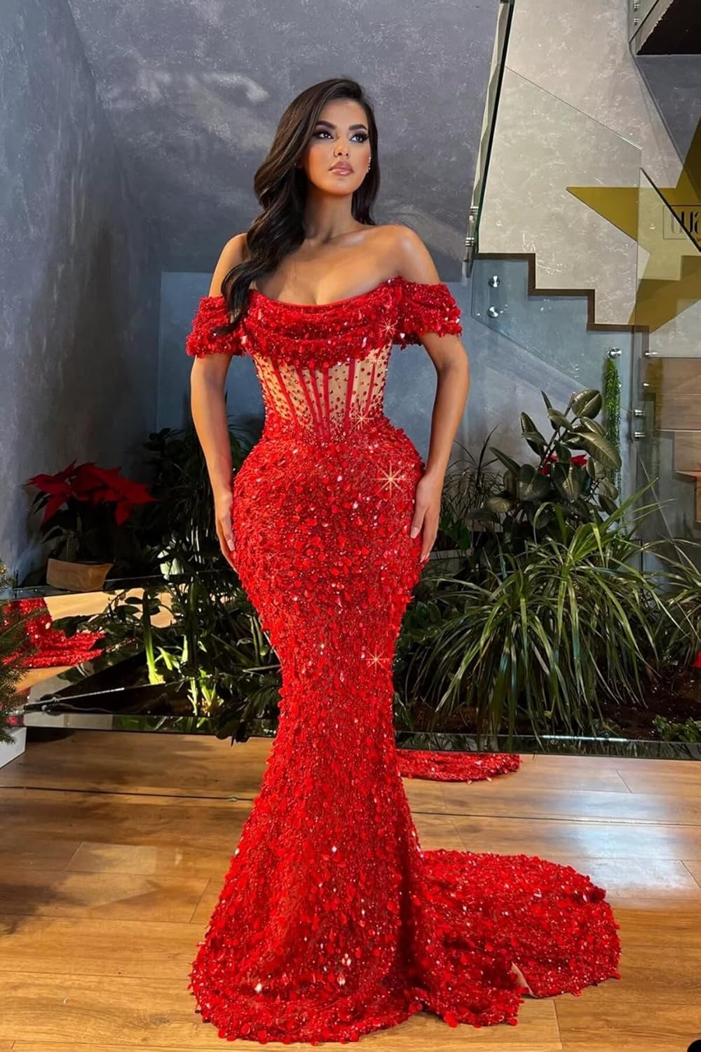 Sequin Prom Dresses 2025 Long Sparkly Off Shoulder Mermaid Beaded Sexy Sheer Formal Dresses Evening Party Gowns with Train