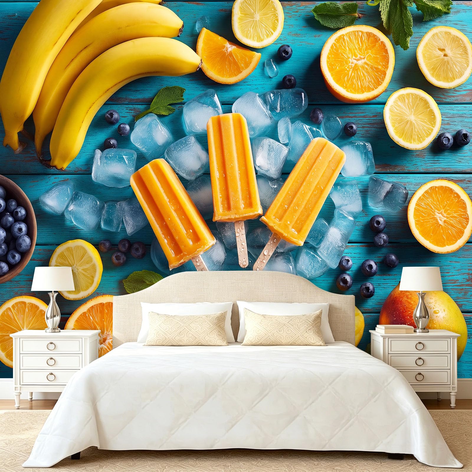 Carta da parati fotografica arancione ghiacciolo tavolo in legno, 400 x 280 cm (larghezza x altezza), carta da parati fotografica estiva, decorazione da parete per soggiorno, camera da letto e cucina
