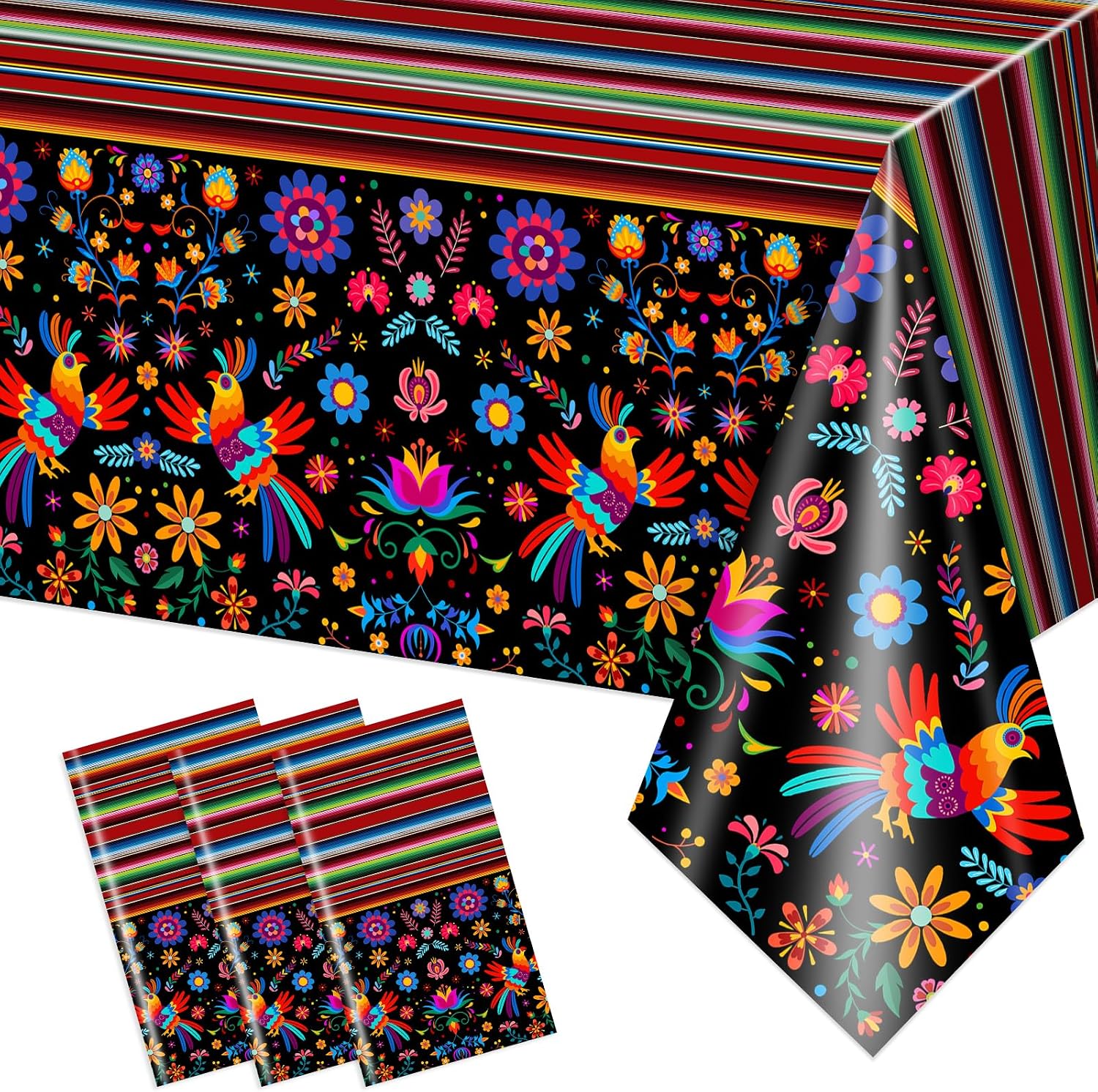 Avezano 3 pcs Mexican Theme Party Decorations Mexican Tablecloth Plastic Disposable 108 x 54 inch Floral and Stripe Cinco De Mayo Party Decorations
