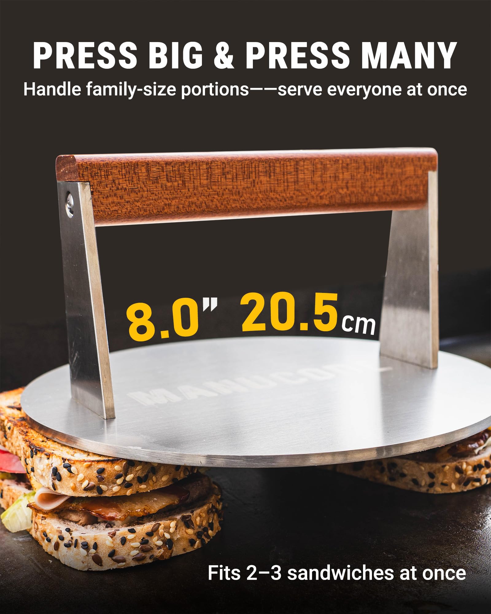 PRO-Grade Pressa per Grill in Acciaio Inossidabile da 20,5cm - Pressa per Hamburger da 1,42kg con Manico in Legno Non Rotante - Perfetto per Gli Appassionati di Grigliate
