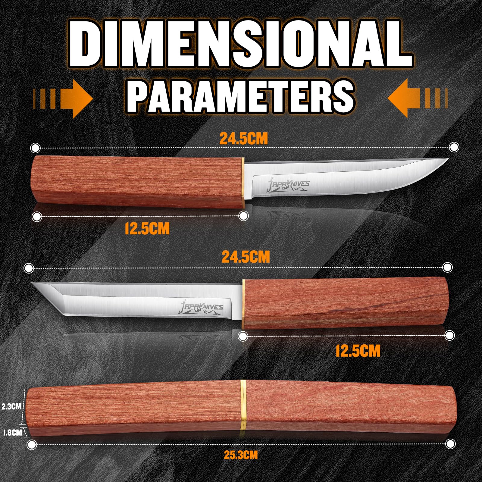 Japaknives Couteau à lame fixe pour l'extérieur 2 en 1 Couteau double en acier D2 Couteau de survie Couteau japonais Tanto pour le camping, la randonnée Cadeaux pour hommes