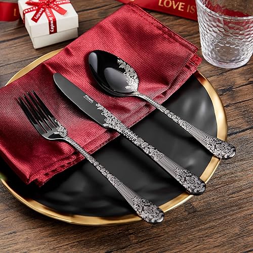Miniatura 7 de Fivent Juego de cubiertos de damasco floral rosa negro 20 piezas incluye 8 cucharas 8 tenedores 4 cuchillos acero inoxidable apto para lavavajillas