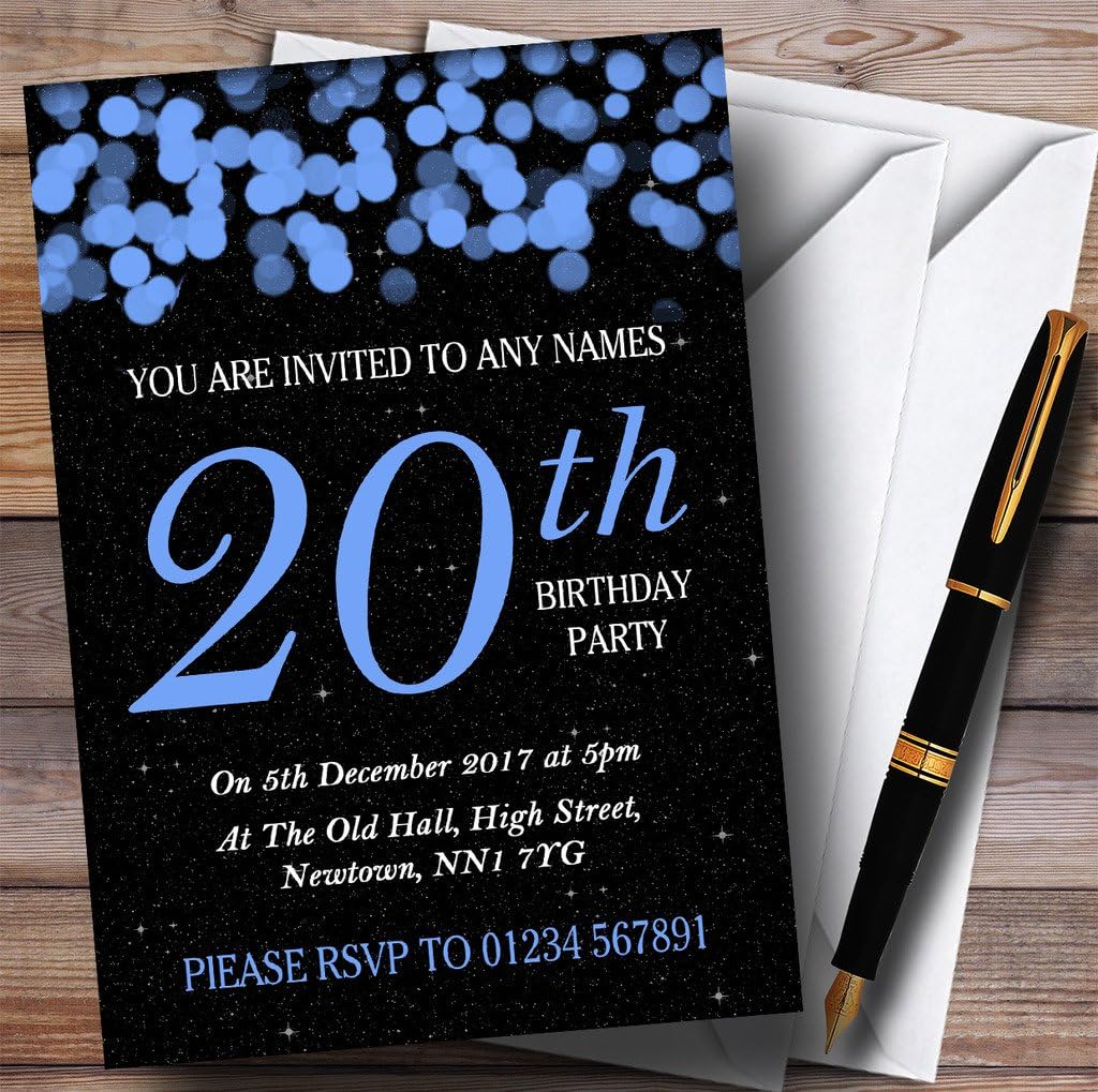 Blue Bokeh & Stars 20th Personalized Birthday Party Invitations