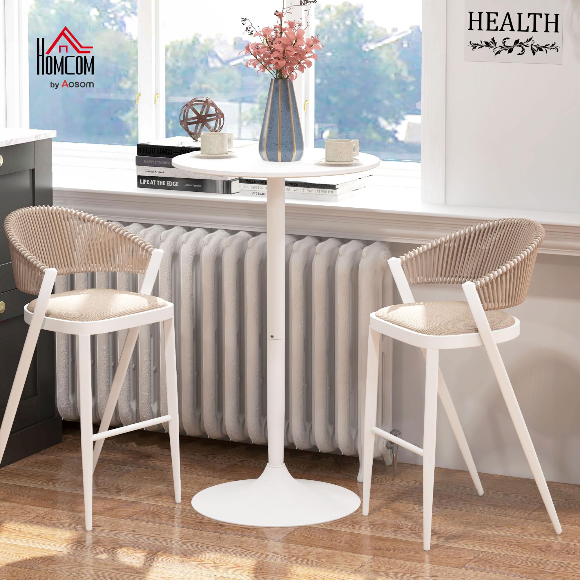 HOMCOM Table de Bar Ronde Table de Bistro Mange-Debout Style Contemporain avec Plateau Peint et Cadre en Acier dim. 60L x 60l x 102H cm Blanc