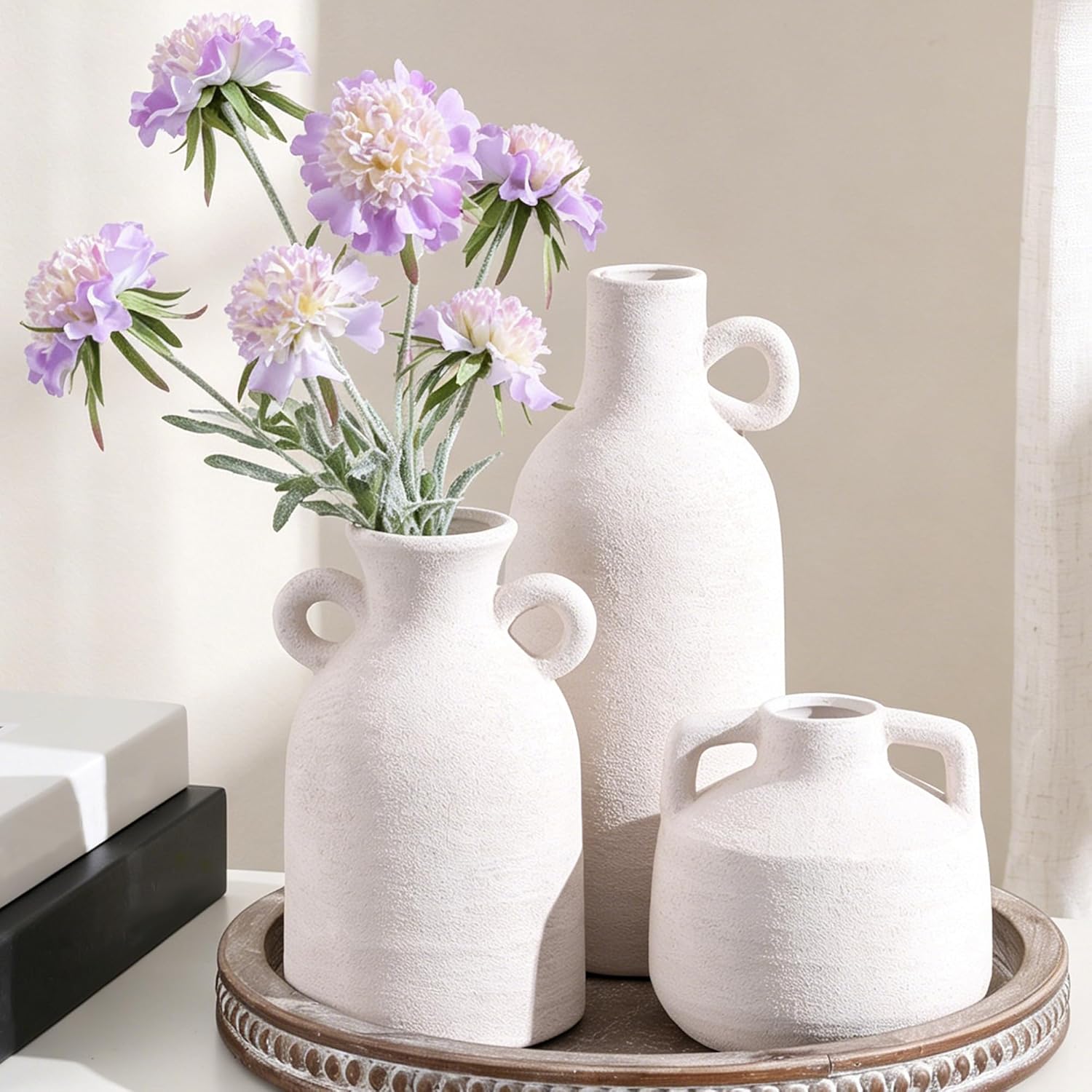 Ceramic Vase Set, 3Pcs Flower Vases for Modern Boho Farmhouse Decor, Decorative Vases for Pampas Grass & Dried Flowers, Distressed Finish
