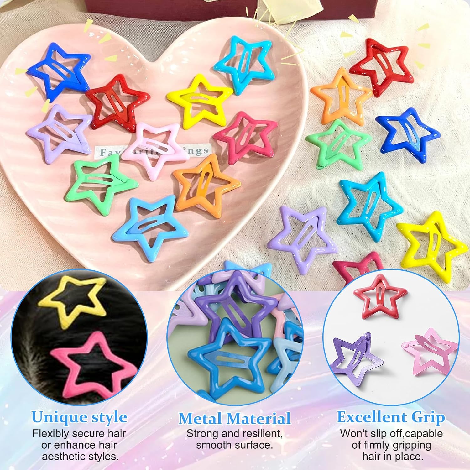 shuielai100 PCS Colorful Y2K Star Hair Clips, 1.18" Metal Snap Barrettes Non-Slip Hair Accessories for Women Girls Teens, Trendy Rave Festival Fashion Styling Clips Set