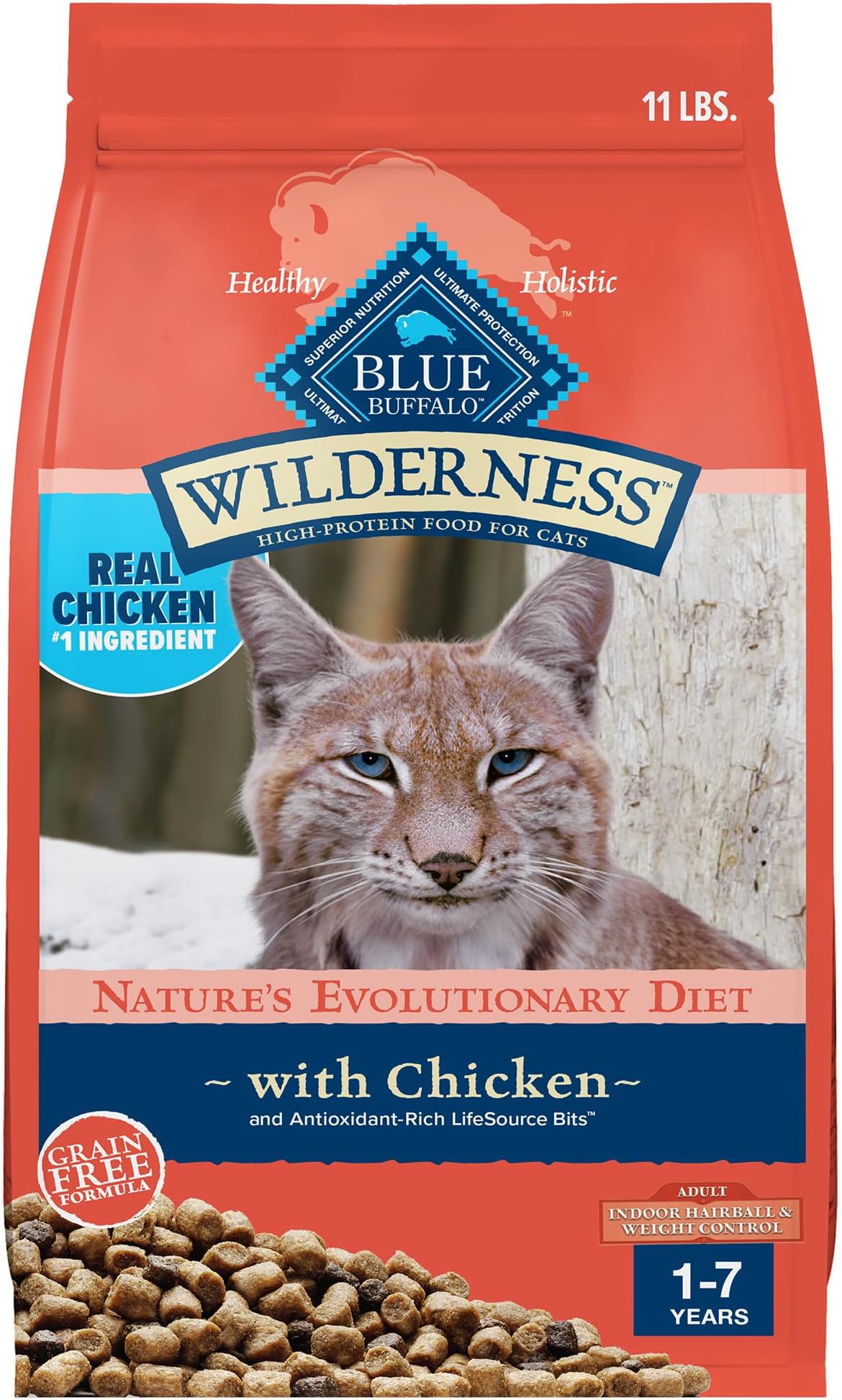 - Wilderness Adult Indoor Dry Cat Food, Indoor Hairball Control and Weight Control Formula, High-Protein and Grain-Free Diet, Made with Natural Ingredients, Chicken, 11-lb. Bag