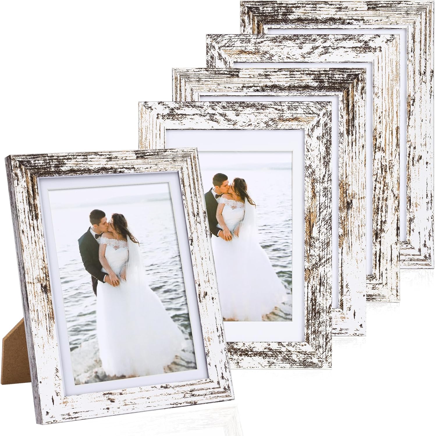 Fixwal 5x7 Picture Frames Set of 5 with Distressed White Wood Grain and HD Real Glass Cover, Vintage Photo Frames for Wall Decor Mounting and Tabletop Display