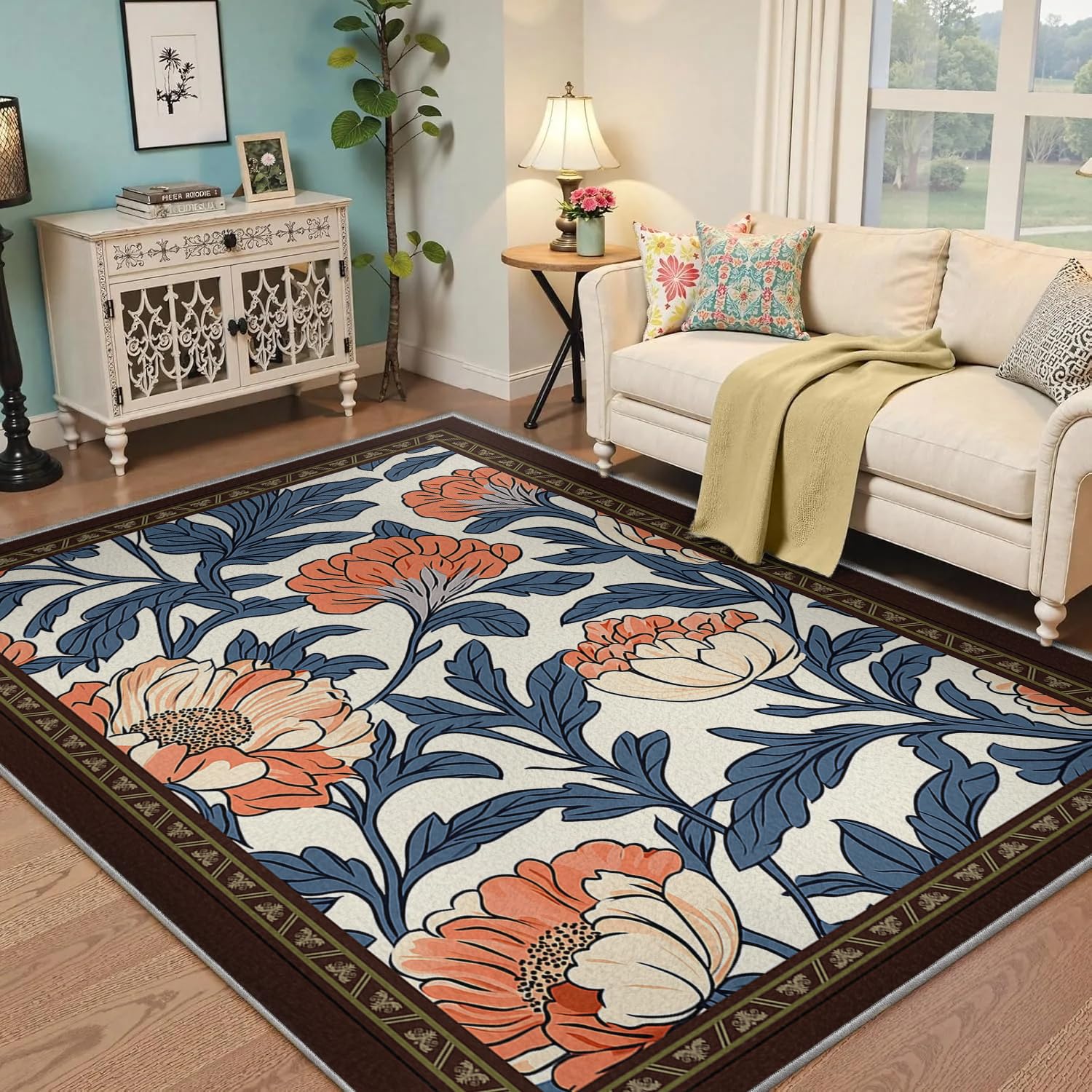Dywan w stylu vintage, boho, do sypialni, 150 x 210 cm, nadaje się do prania, miękki, ultracienki, antypoślizgowy dywan z niskim runem, do pokoju gościnnego w biurze
