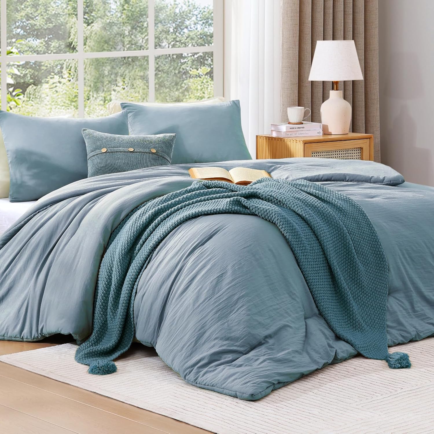 wrensonge queen comforter set - 3 pieces prewashed dusty blue comforter soft lightweight for all seasons,down alternative comforters queen size with 2 pillow shams dusty blue queen(90"*90")