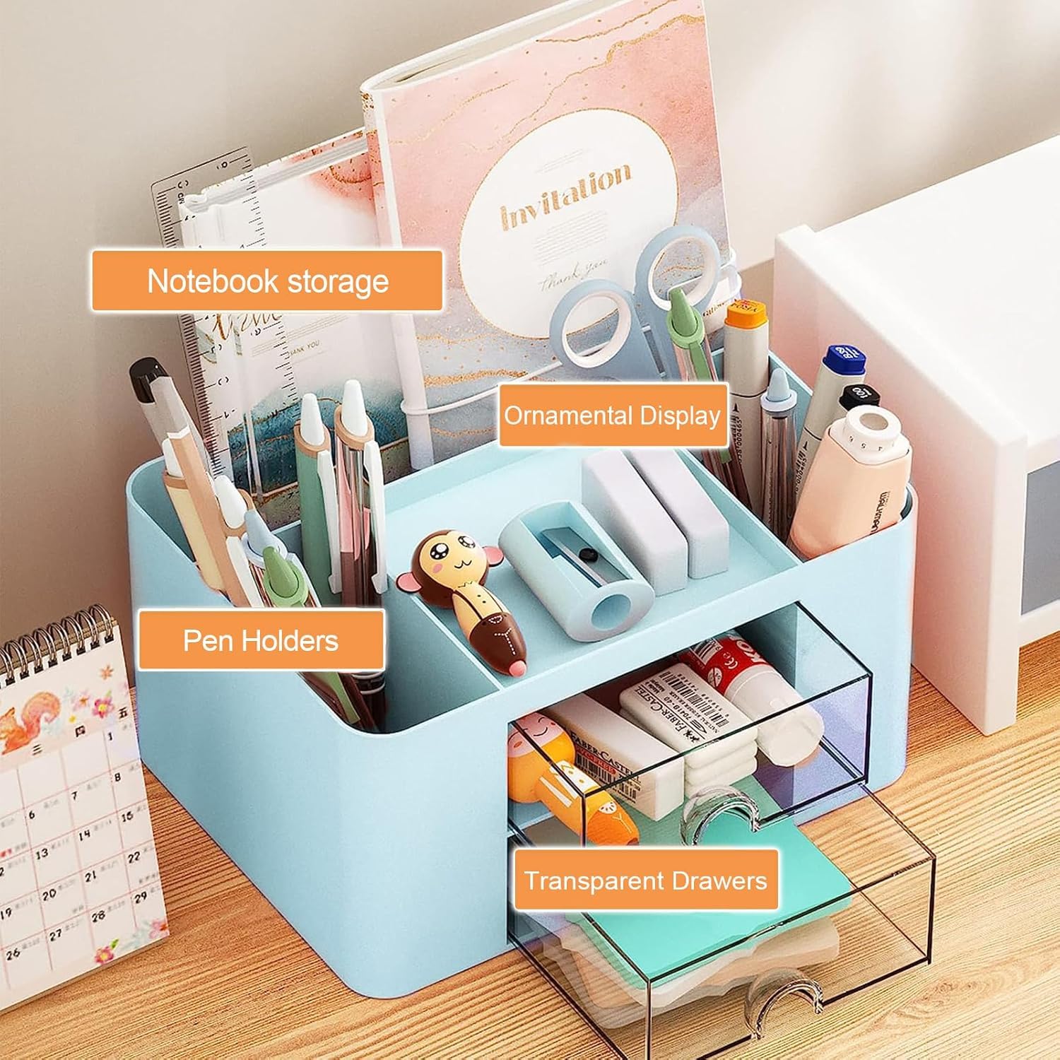 Zeinwap Organizer da scrivania multifunzione con 5 scomparti e 2 cassetti, per scrivania, articoli di cancelleria, cosmetici, penne, pinzette, foglietti adesivi, colore: blu