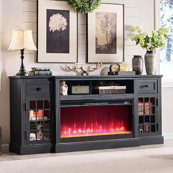 ACCOHOHO Farmhouse Fireplace TV Stand for 80 Inch TV, Entertainment Center w/ 36 Electric Fireplace & LED Lights, Mordern Media Console with Storage Drawers & Cabinets for Living Room, Black