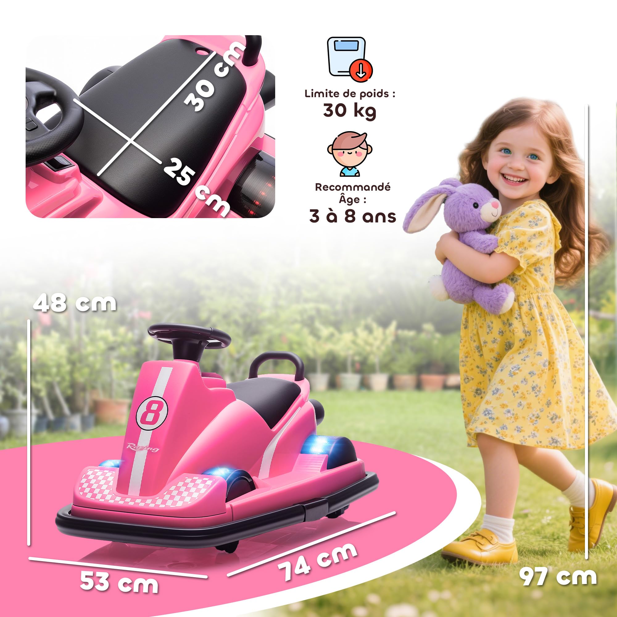 AIYAPLAY Auto-Tamponneuse Enfant 6V Rotation à 360° pour Âges 3-8 Rose | Double Moteur, Musique, Klaxon, Lumières LED, Démarrage Doux, 2,5 km/h, Voiture Tamponneuse Électrique Enfant