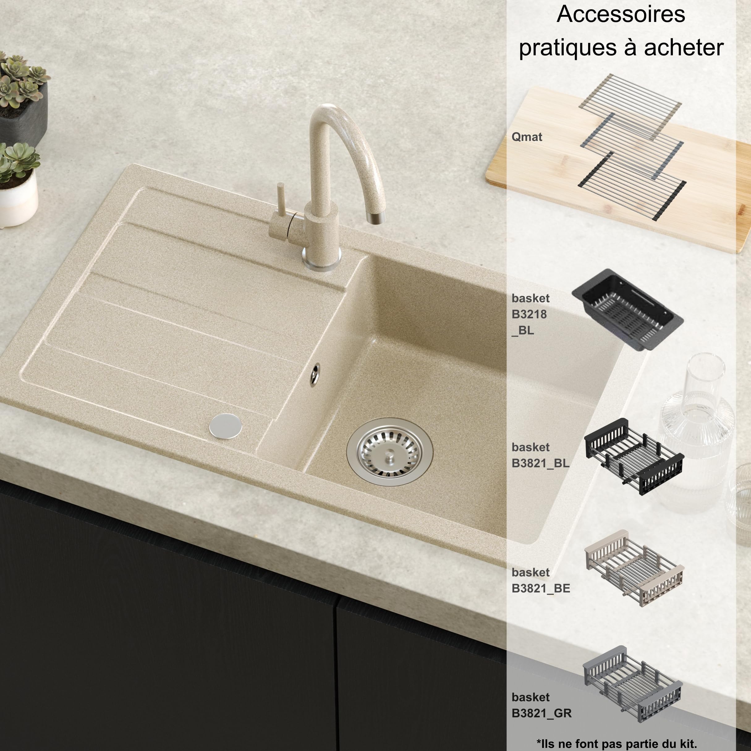 QUADRON Evier granit | Taille 77 x 44 x 17,6 cm Très Noir | GO MAX cuisine