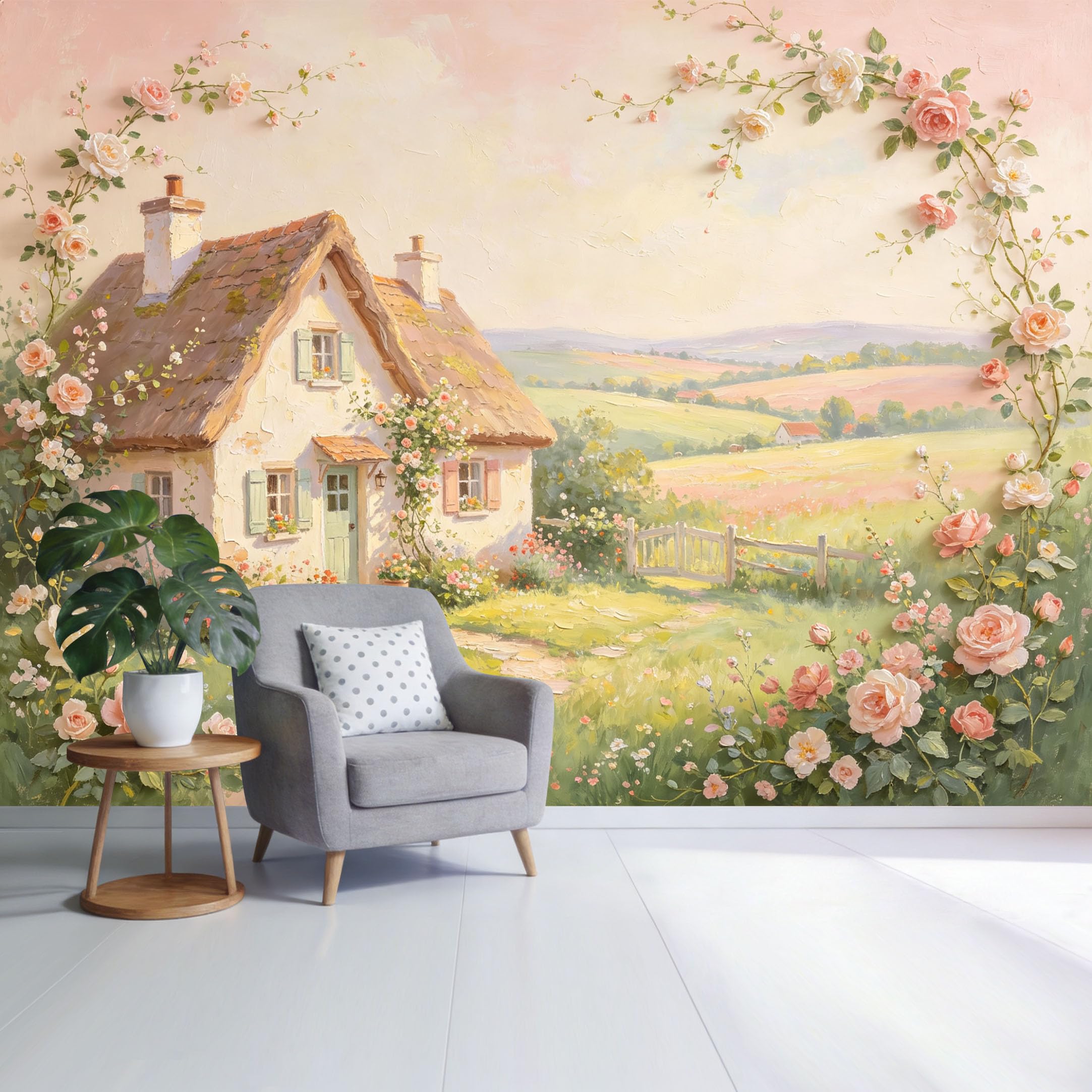 Custom Size Wall Mural Cottage Garden Landscape Pastel Rose Field Oil Painting Farmhouse Style SelfAdhesive Wall Fabric Removable Wallpaper for Home Office Decor