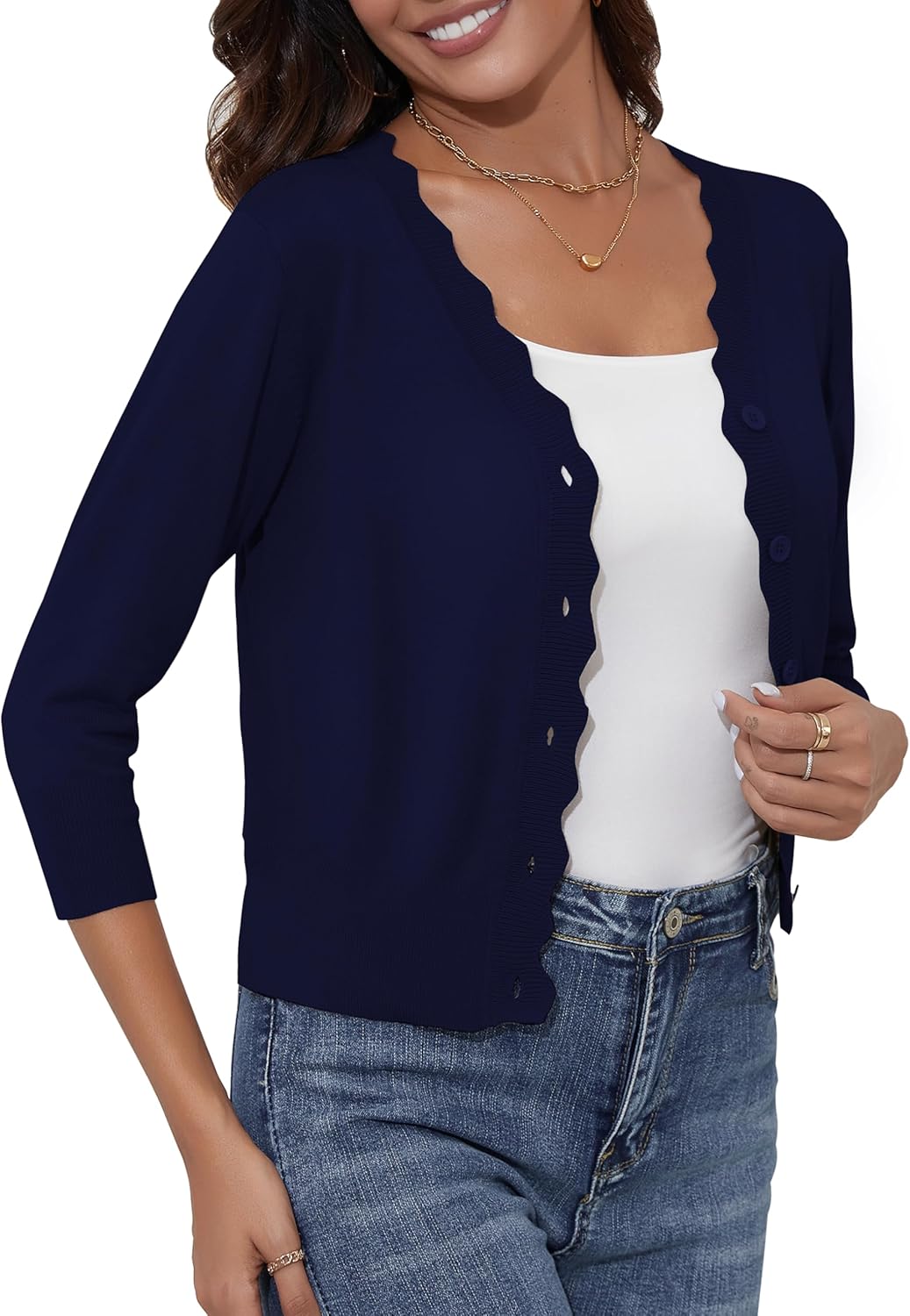 Women's Cropped Cardigans 3/4 Sleeve Button Down Lightweight Cardigan Sweaters Scalloped Edged Bolero Shrugs - Image 3