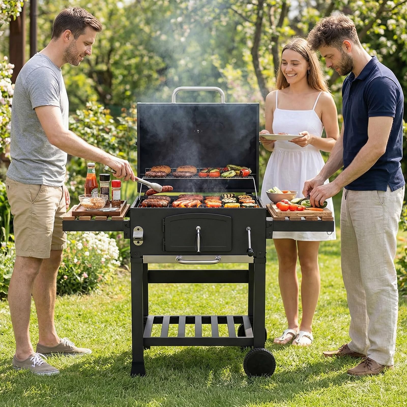 LIFERUN Barbecue Charbon XXL avec Couvercle, Grand Chariot Barbecue avec Housse étanche, Thermomètre, Roues, Cendrier Extractible, Gril Réglable en Hauteur, Fumoir BBQ, Smoker pour Camping et Jardin