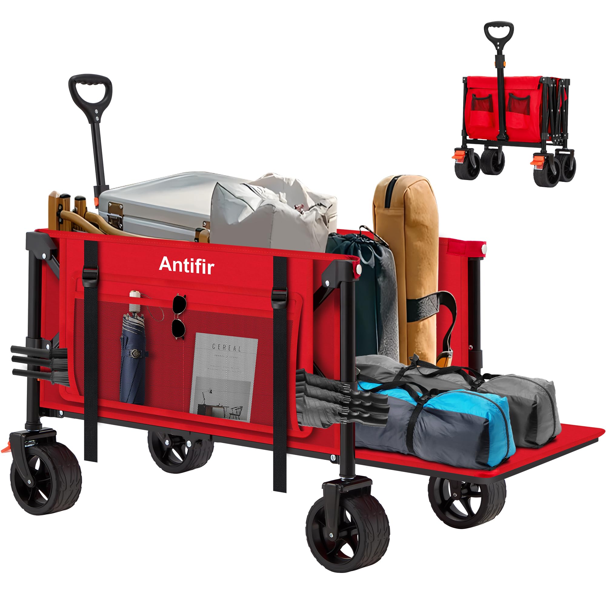 Collapsible Folding Wagon Cart with Tailgate,330LBS Resting Weight Capacity Beach Wagon with All-Terrain Big Wheels,Heavy Duty Foldable Utility Wagon Cart for Groceries,Sports,Shopping,Camping,Red