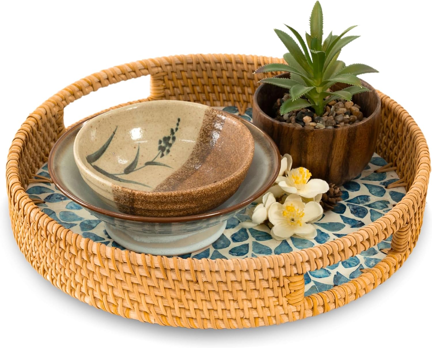 KOLWOVEN Round Rattan Tray with Handle, Rattan Serving Tray with Mother of Pearl Inlay Wooden Base, Decorative Wicker Basket for Table Decor (Blue Leaves) - Image 8