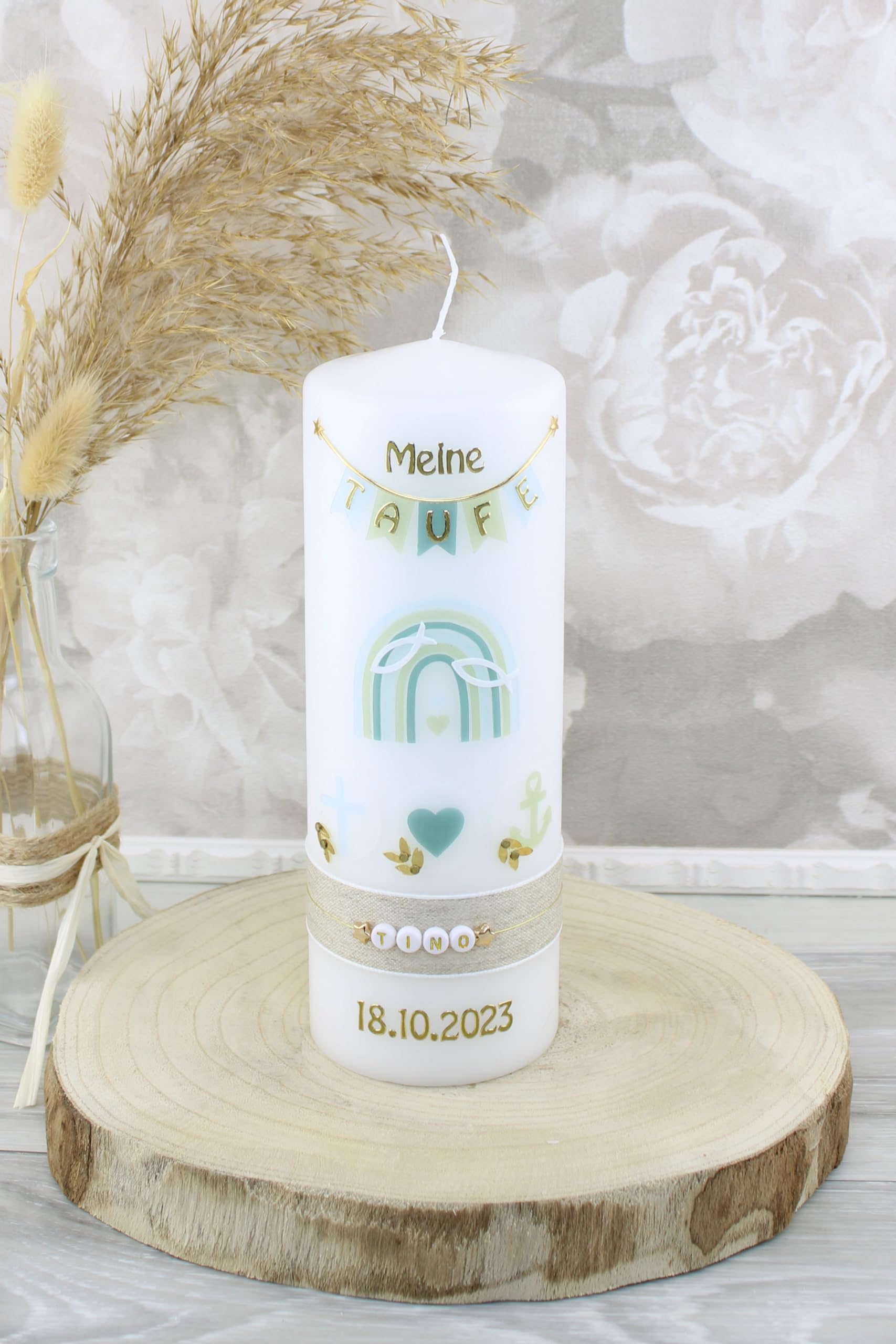 Taufkerze TINO Junge oder Mädchen mit Name und Datum, individuell und handverziert 2176