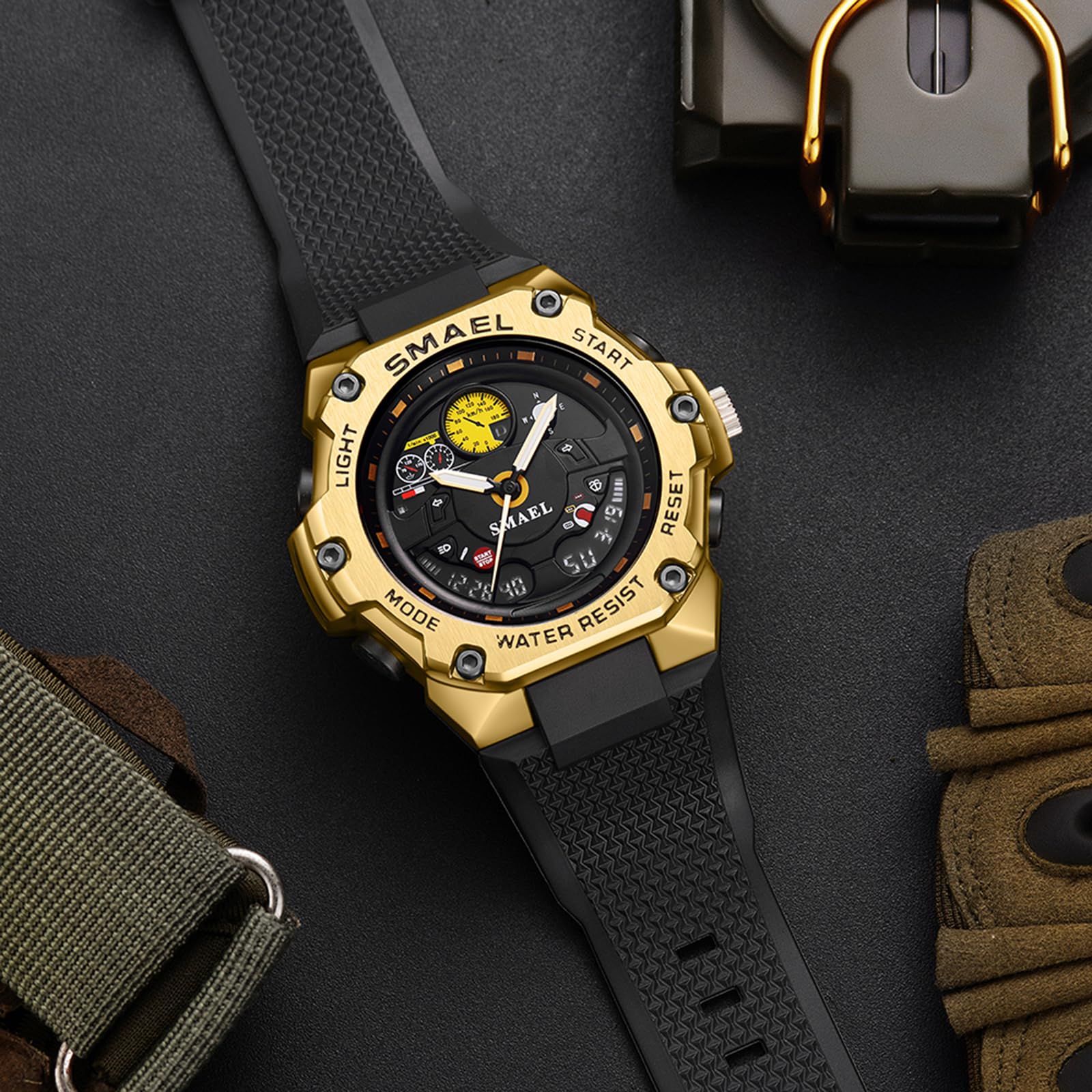 Orologio da polso da uomo, digitale e analogico, 5 ATM, impermeabile, militare, da uomo, con sveglia, LED, data, cronometro, sportivo, digitale, militare, per uomini, ragazzi, cronografo, orologio da