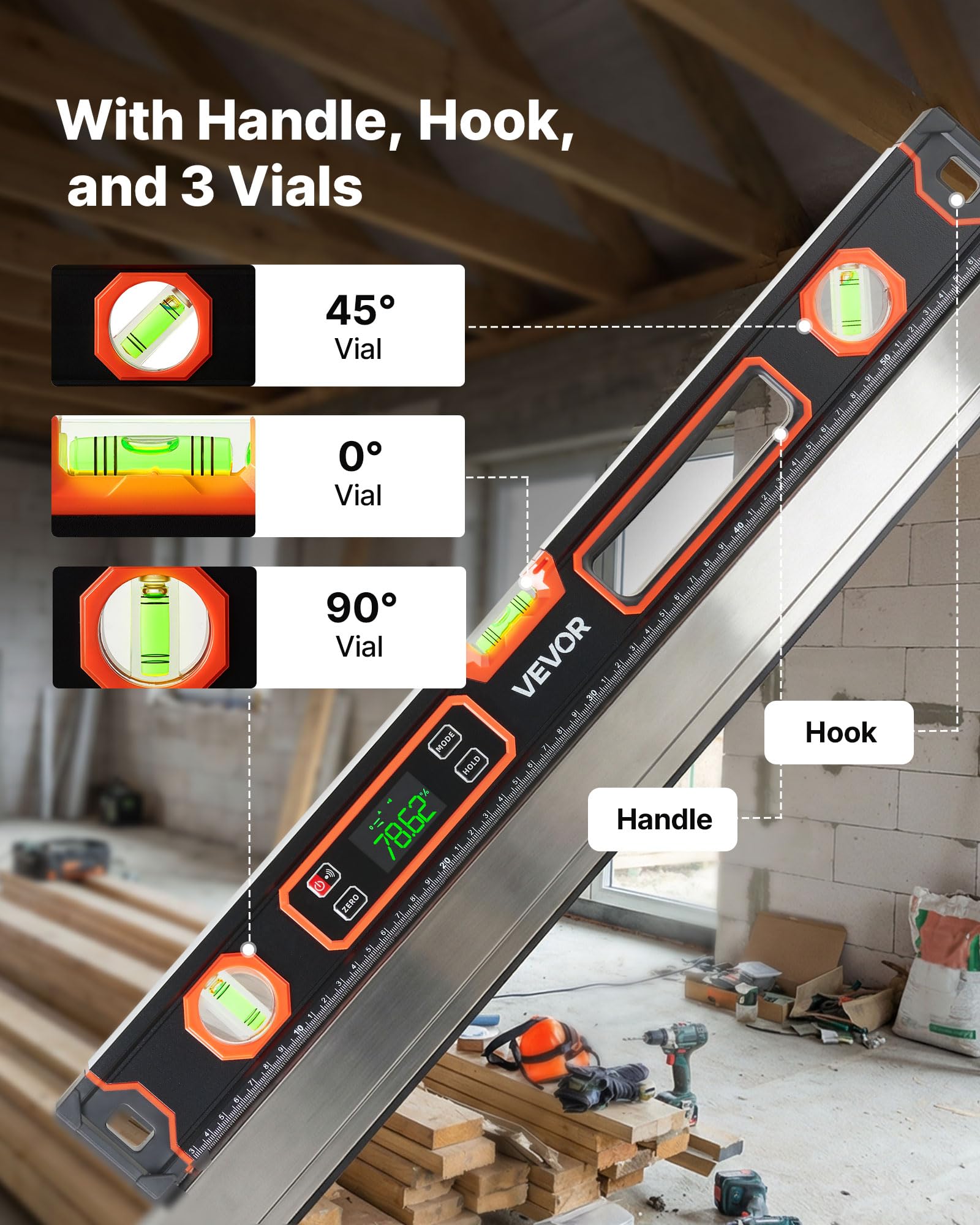 VEVOR Niveau Électronique 600 mm, Niveau à Bulle Numérique Magnétique 360° pour Construction, Bricolage, Menuiserie et Rénovation, avec Écran LED Rétroéclairé et Fioles 0°, 45°, 90°, Indice IP54