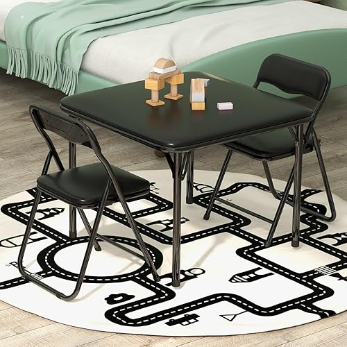Miniatura 2 de Juego de 3 mesas y sillas plegables para tarjetas, mesa cuadrada portátil con 2 sillas acolchadas, mesa plegable y sillas para el hogar, oficina,