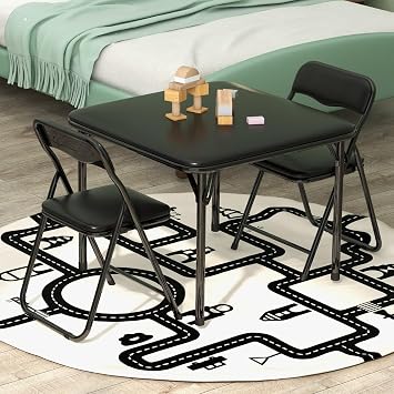 Folding Card Table and Chairs Set of 3, Portable Activity Table and Chairs with Pu Soft Cushion,Suitable for Eating,Reading and Playing