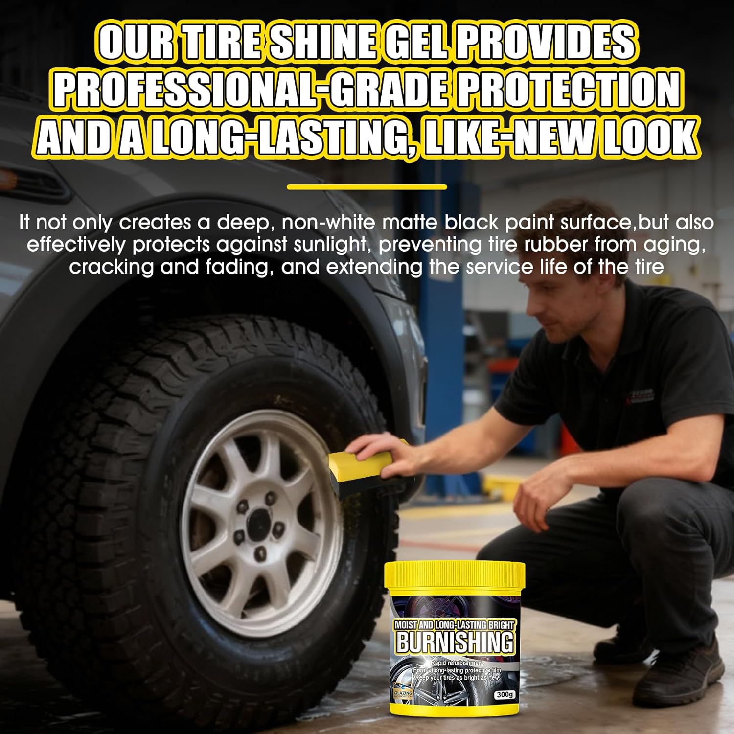 JAOJAO Car Tire Shine, Wet Tire Dressing with tire Gel Applicator Long-Lasting Tires Coating & Protectant Wet Gloss Look Finish Restores Tires Black Finish for Car, Truck, Motorcycle, RV, 300g - Image 4