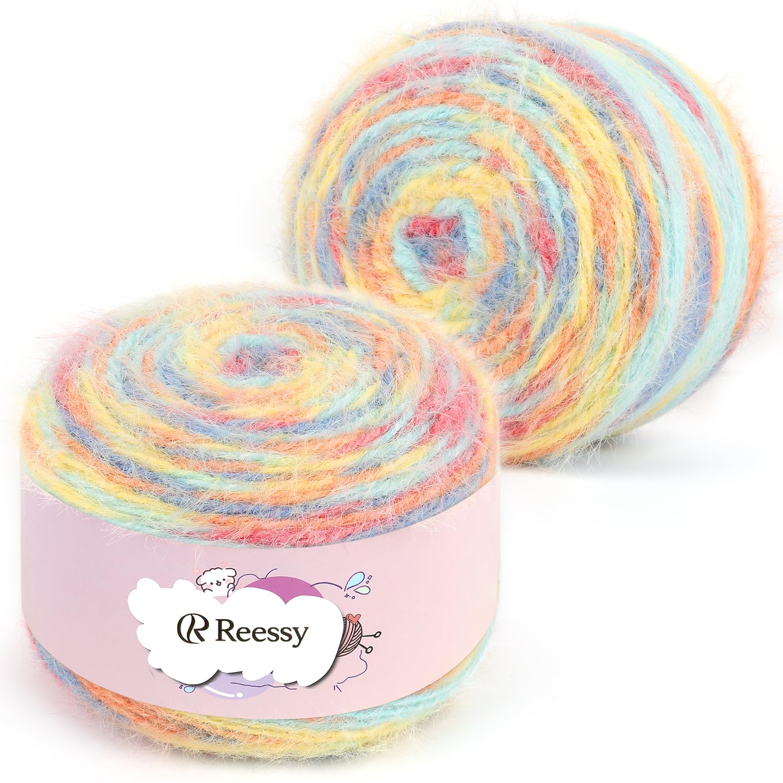Reessy Ombre Yarn Cake-2×190g/400m Plush Gradient Yarn-38% Wool, 40% Nylon, 22% Acrylic-Soft Fluffy Knitting Wool for Crochet Blanket Sweaters Scarves Hat and Colorful Crafts - Macaron