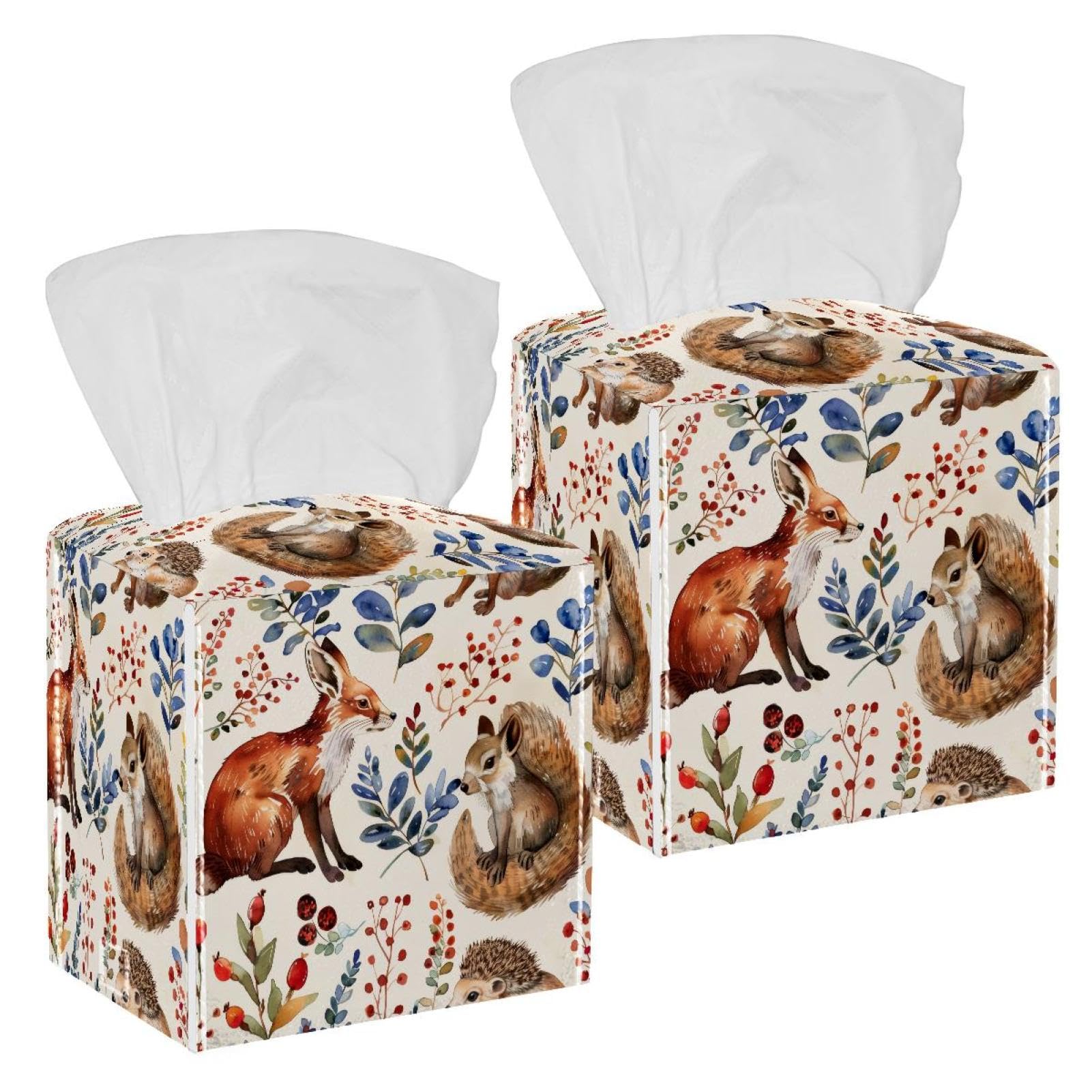 Fox Squirrel Tissue Box Cover, 2 Pack PU Leather Square Facial Tissue Dispenser Box holder for Home Office Car