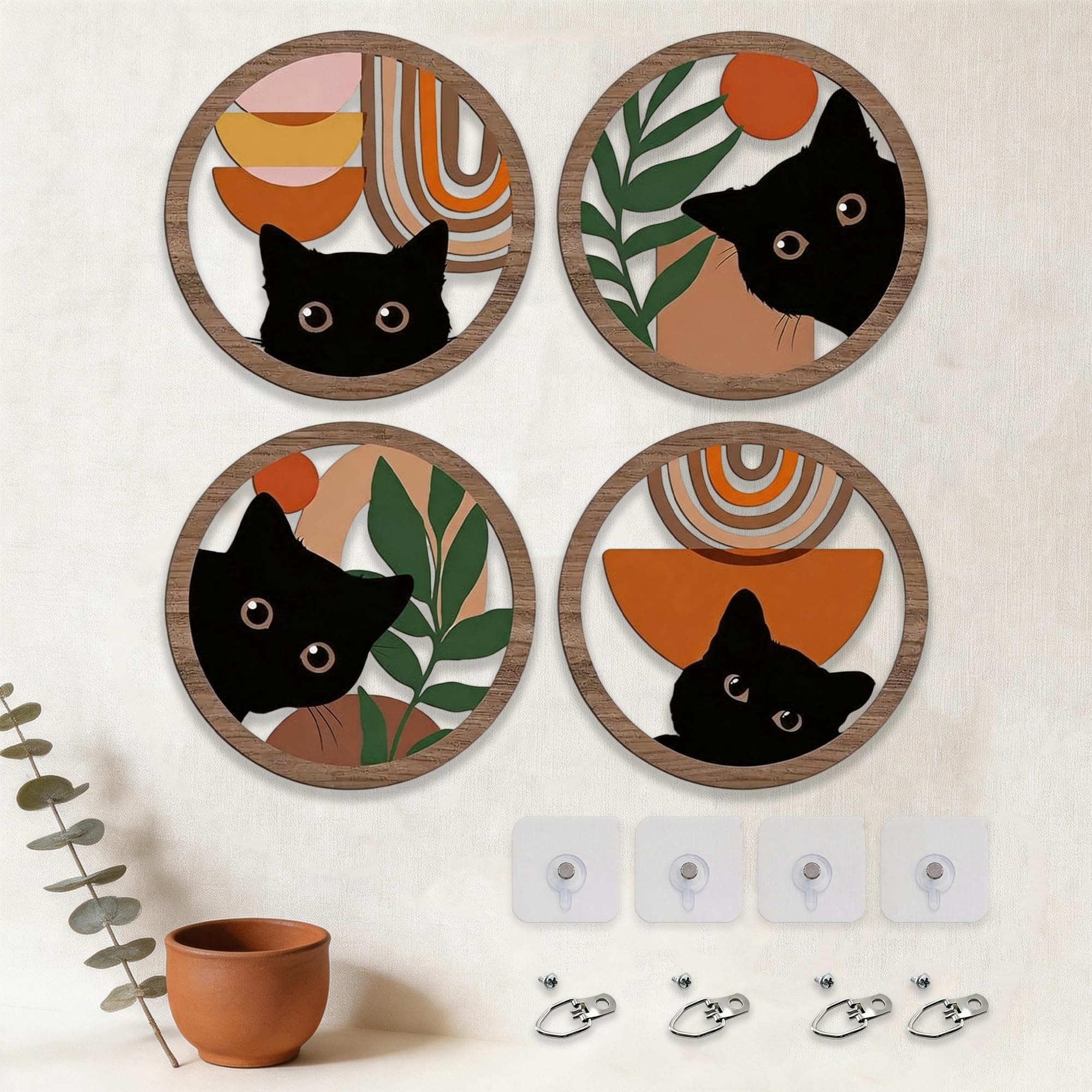 MINWEGI Boho Wall Decor, Wooden Wall Art 4 Piece Set with Black Cat Design, Dual Installation Hanging & Adhesive, Bohemian Home Decor for Living Room Bedroom