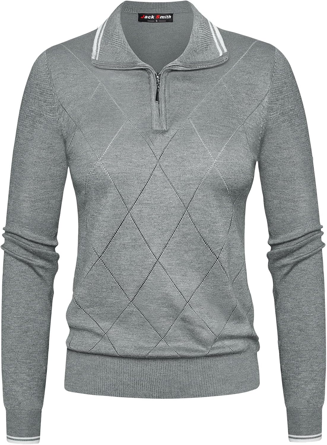JACK SMITH Pullover Sweaters for Women Long Sleeve Argyle Quarter Zipper Collar Polo Sweater Ribbed Knit Golf Tops