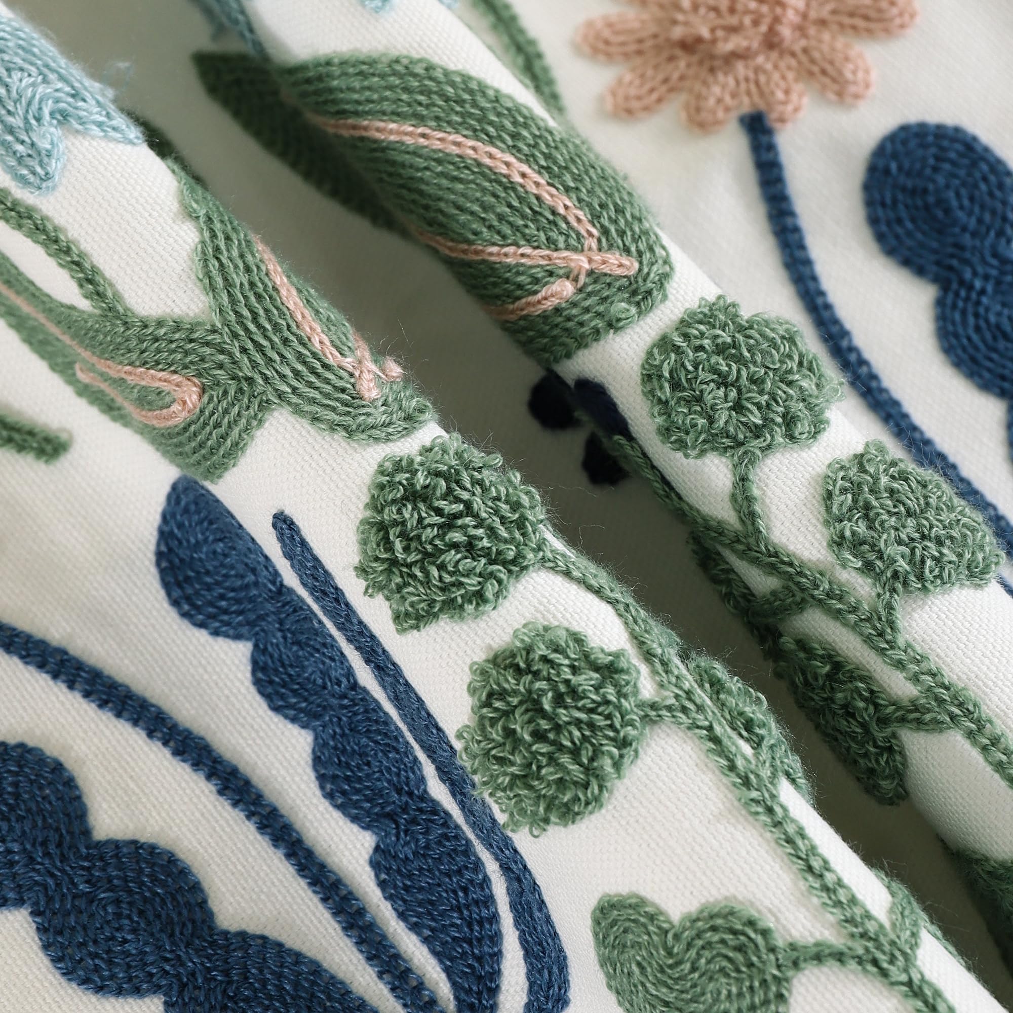 Tosleo Embroidered Decorative Throw Pillow Covers 18x18 inch Pack of 2 Green Leaves with Birds Floral Pillowcases Farmhouse Pillow Cushion Cases Home Decor Square Blue Flower Pillow Case - Image 2
