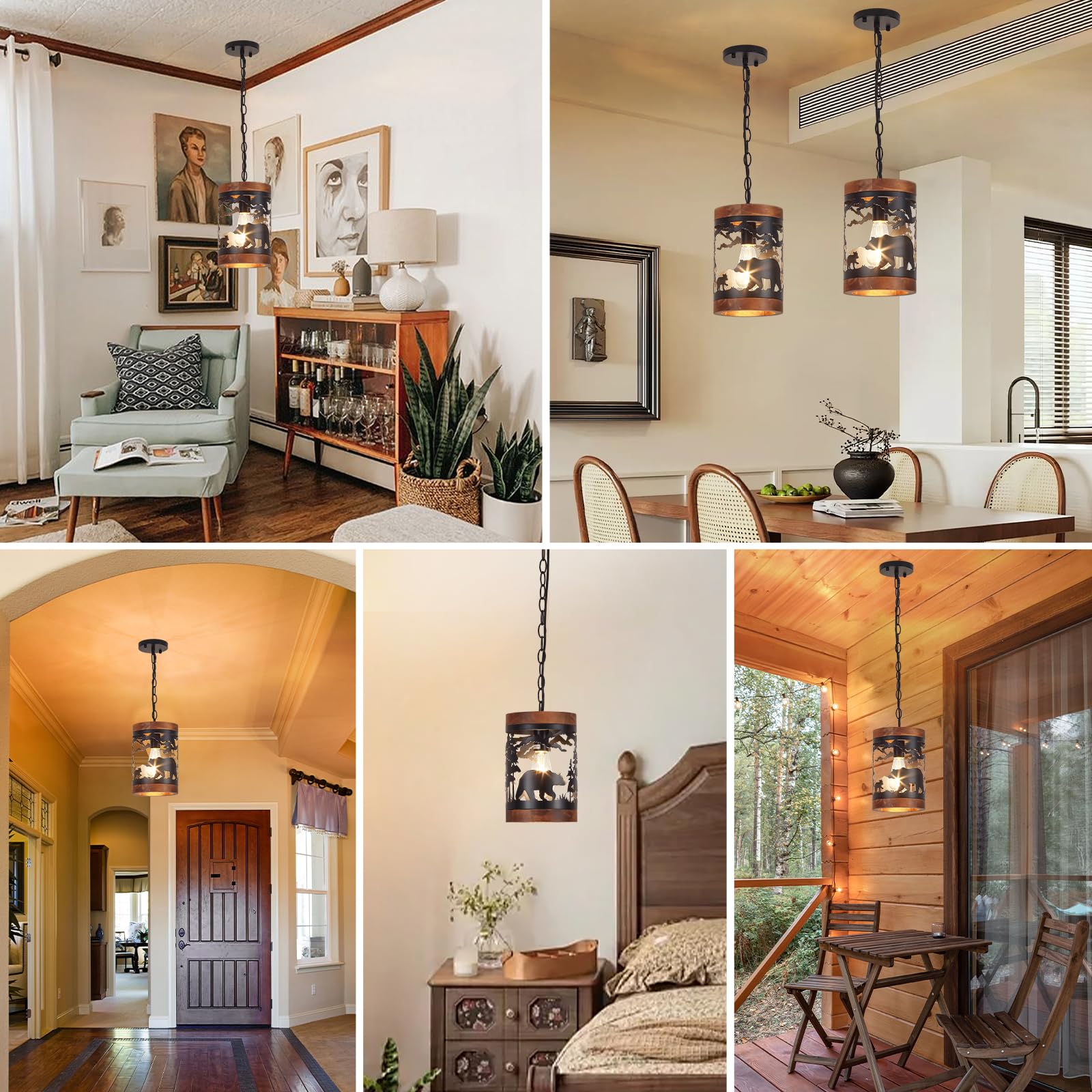 Rustic Bear Pendant Light, 1-Light Farmhouse Wood and Metal Cage 