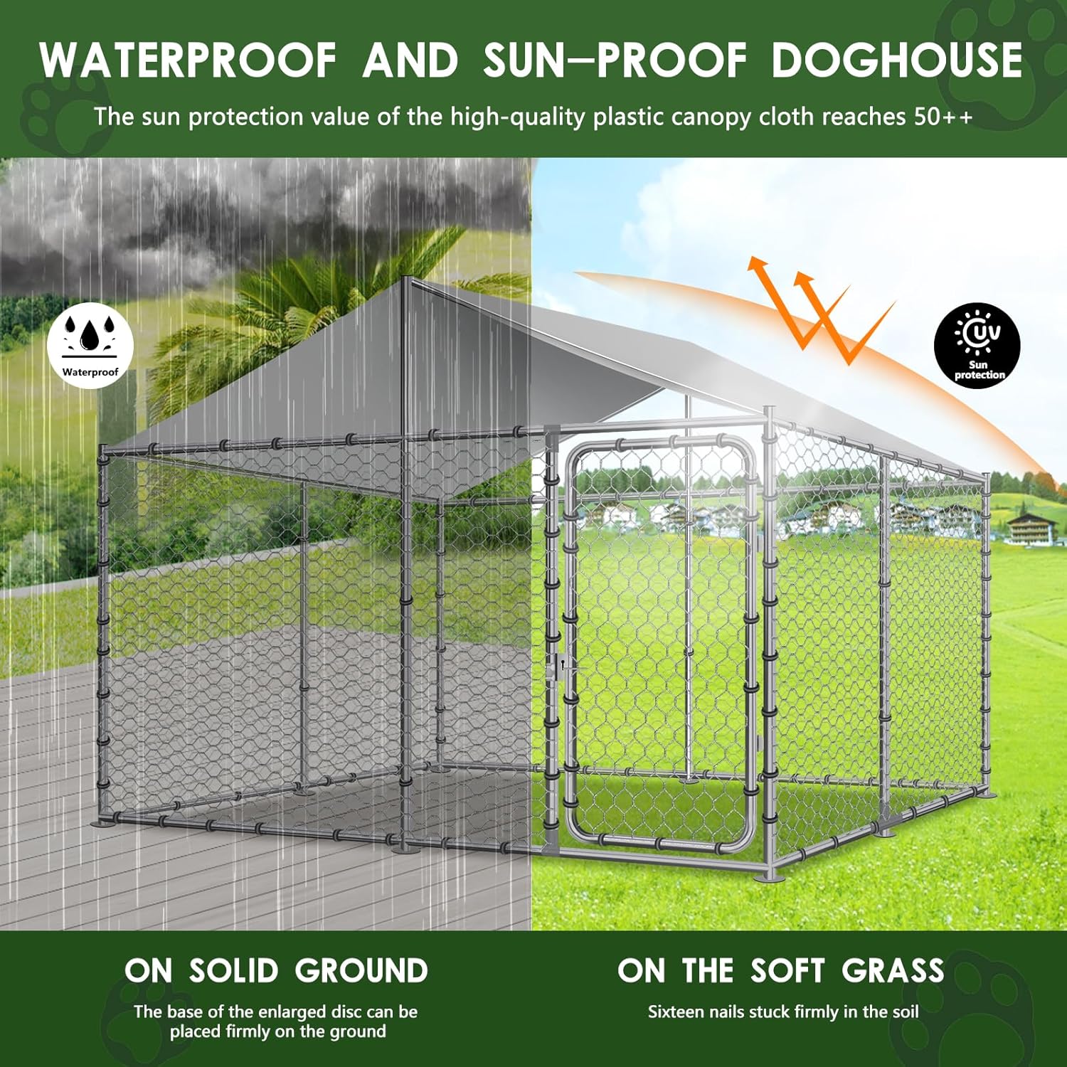 LEISU Heavy Duty Outdoor Dog Kennel Large Dog Cage Galvanized Steel Pet Playpen House with Waterproof UV-Resistant Cover, Metal Mesh, Secure Lock (90x90x63 Inches)