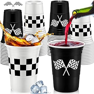 Norme 48 Pcs Checkered Flag Party Supplies Bulk 16 oz Race Car Cups Thick Plastic Cup for Racing Themed Birthday Party (Checkered Flag)