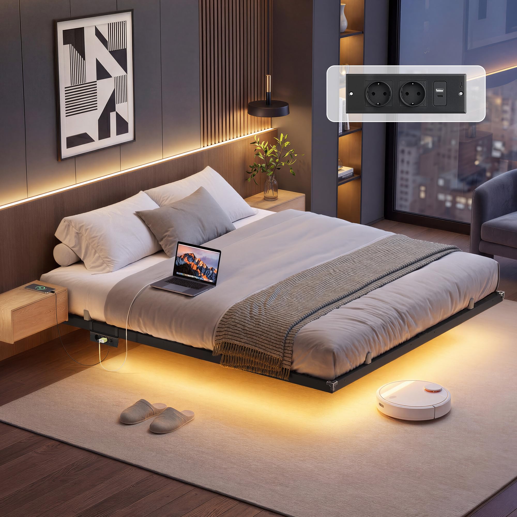 VASAGLE Marco de Cama 140 x 200 cm, Luces LED, Estación de Carga Extraíble, 2 Tomas CA, 1 Puerto USB-C, 1 Puerto USB-A, 1 en Posterior, Soporta hasta 500 kg, Negro Tinta RMB174B101