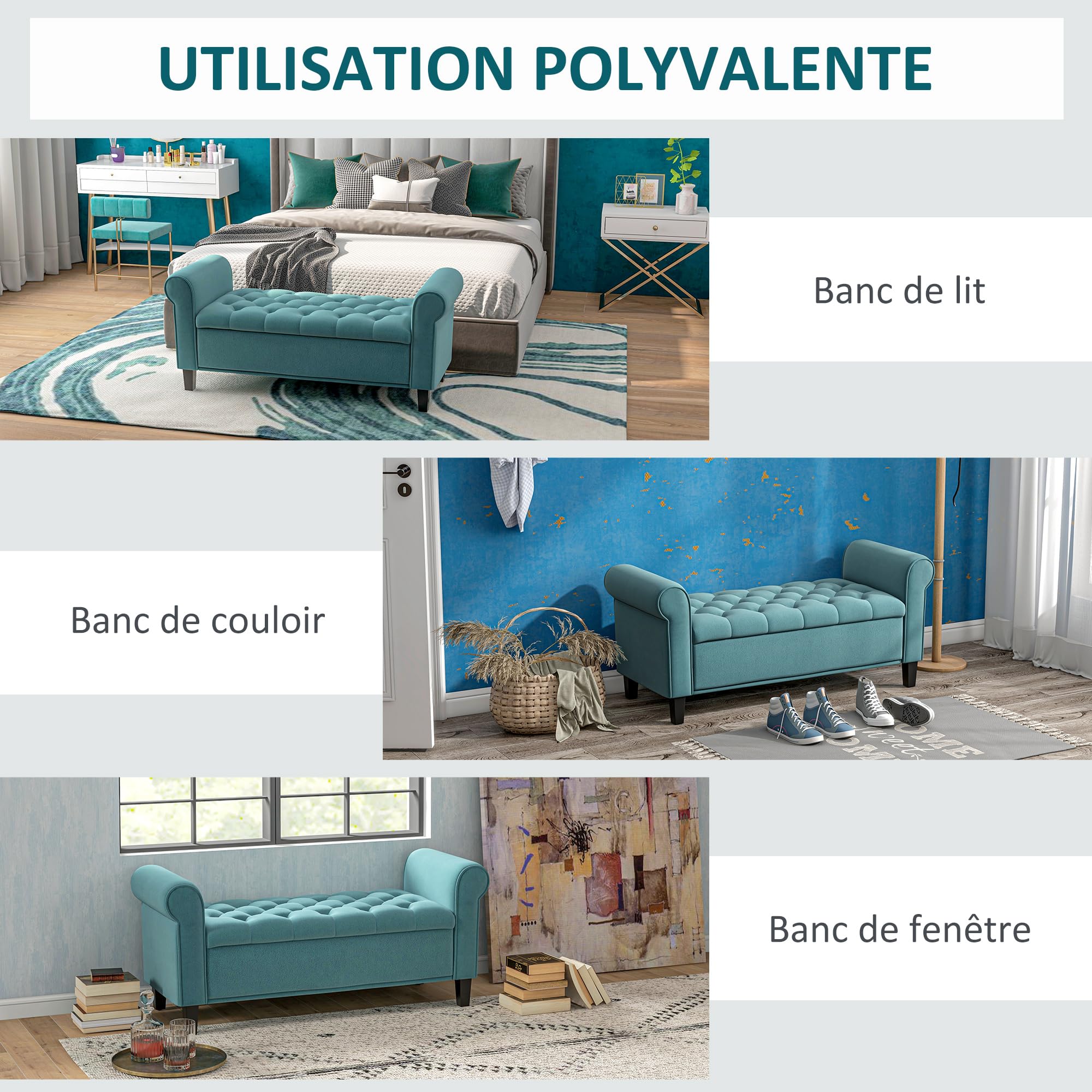 HOMCOM - Banco de almacenamiento para cama con reposabrazos, baúl de almacenamiento de tela aterciopelada acolchada y acolchada, carga hasta 120 kg, para salón, dormitorio, entrada, 126 x 48,5 x 57 cm