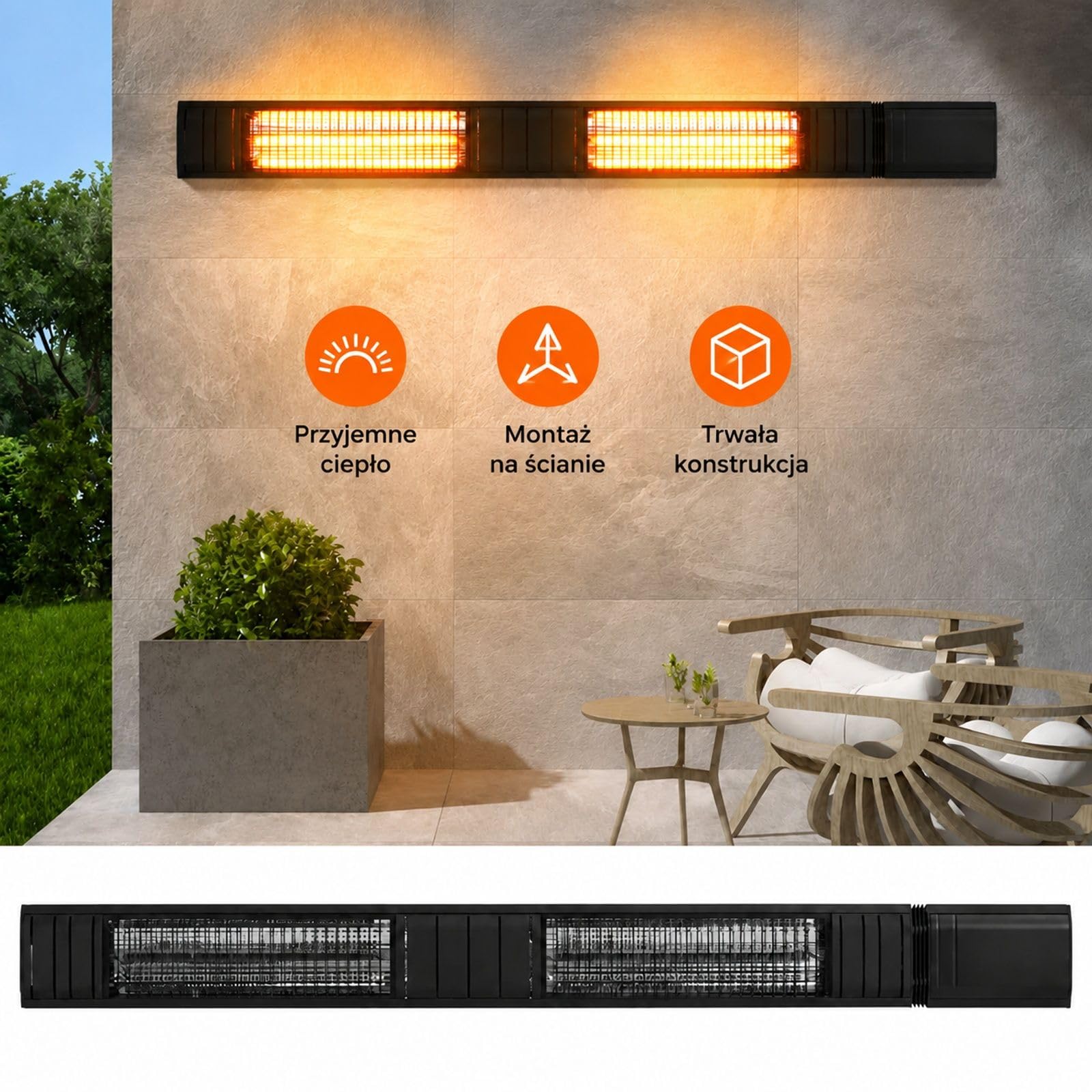 Elektryczny promiennik podczerwieni 3000 W, karbonowa rura grzewcza, montaż ścienny, do patio, ganku i ogrodu