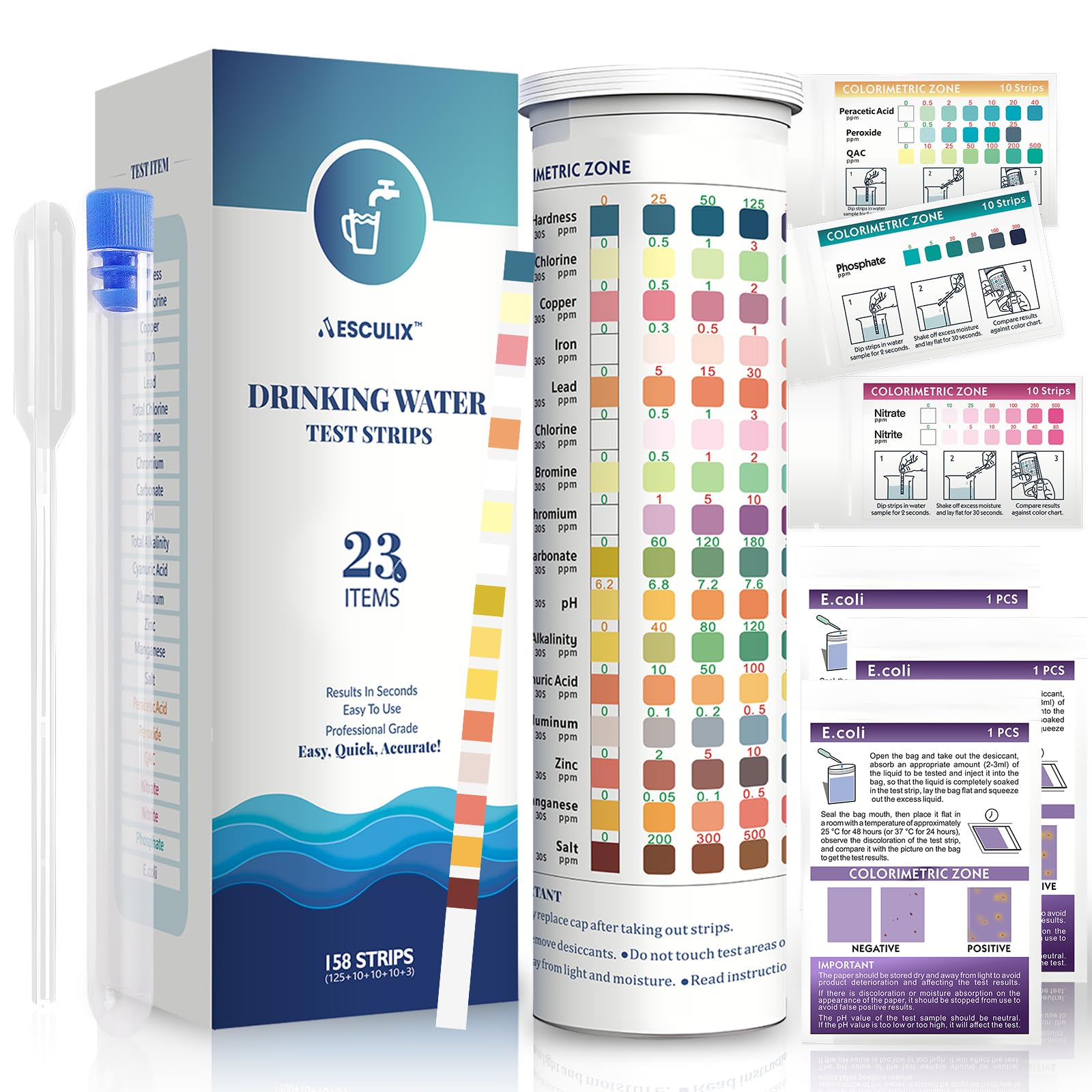 All-New 23 in 1 Drinking Water Testing Kit 158 Strips,Well Water Testing Kit & Water Test Strip for House Water for Hardness，Chlorine,Copper,Iron,Lead,pH and More