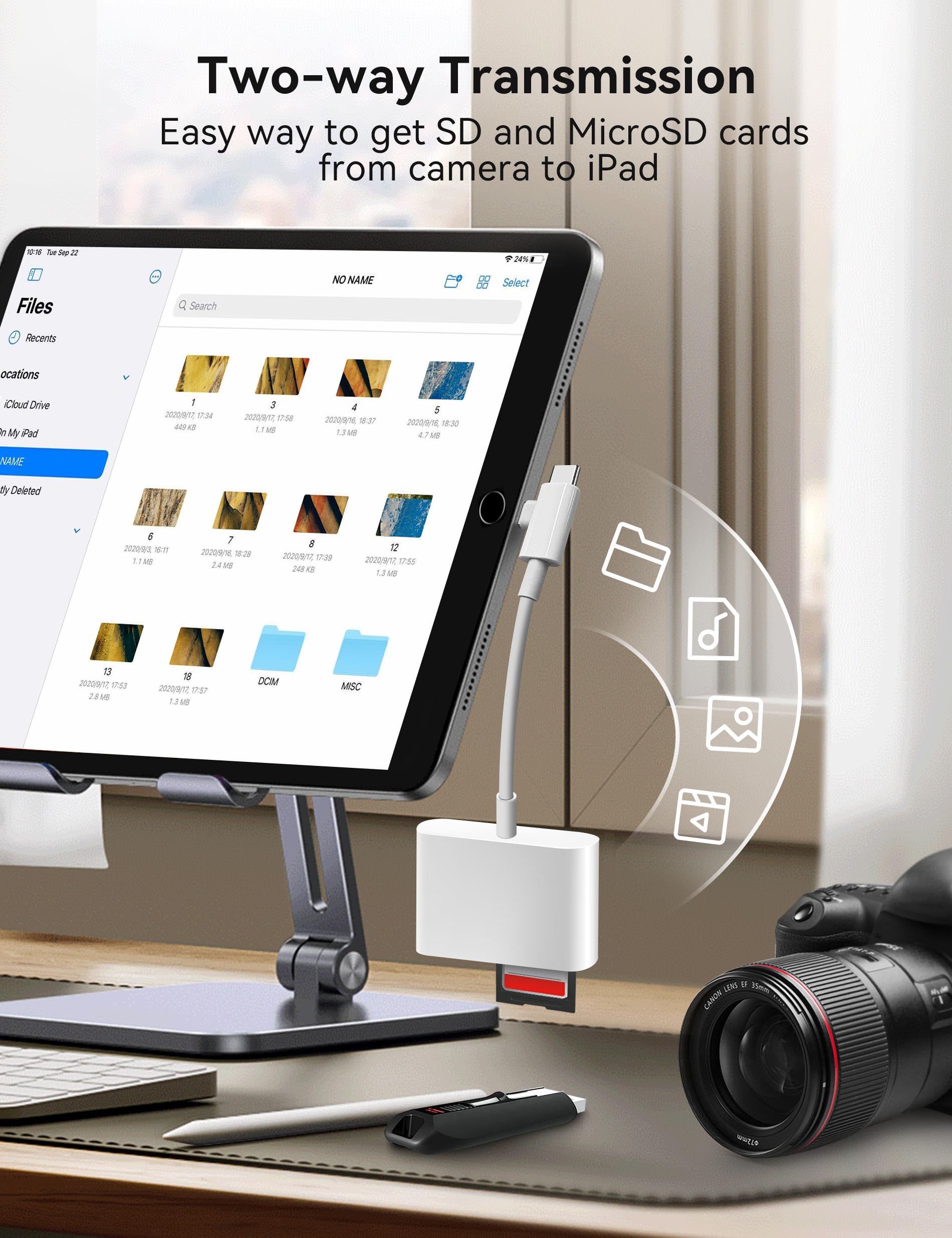 SD Card Reader for iPhone, SD Card Adapter with Lightening & USB C Dual Connectors Plug&Play Supports microSD, SD and USB-A OTG, Portable Trail Camera Memory Reader for iPhone Mac MacBook iPad