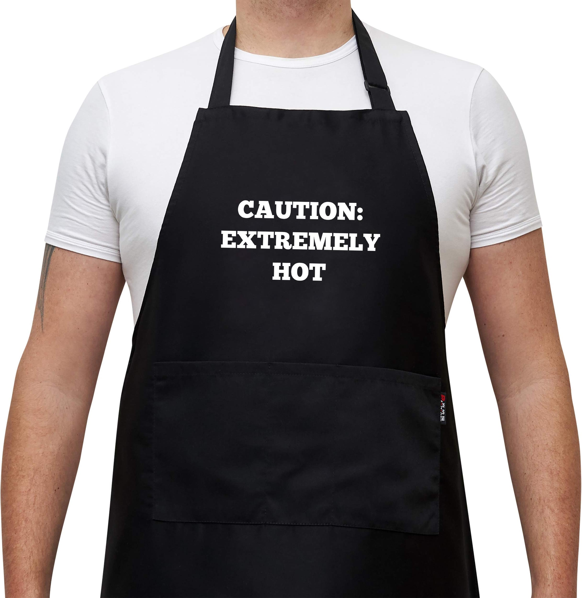 Savvy Designs Caution Extremely Hot BBQ Apron, Funny Aprons for Men & Women - Adjustable Black Apron with Pockets …
