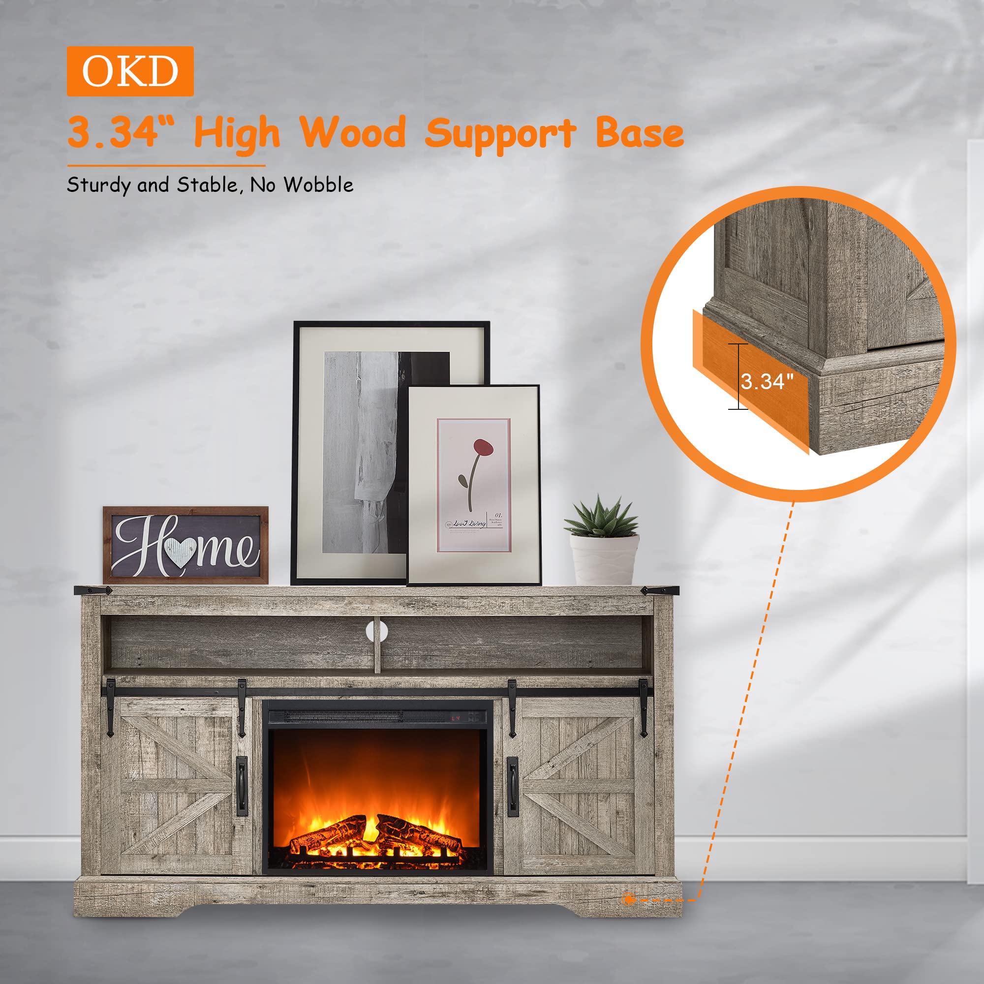 OKD Fireplace TV Stand for 65+ Inch TV, 33" Tall Highboy Farmhouse Entertainment Center w/ 23'' Electric Fireplace, Rustic Media Console w/Sliding Barn Door for Living Room, Light Rustic Oak