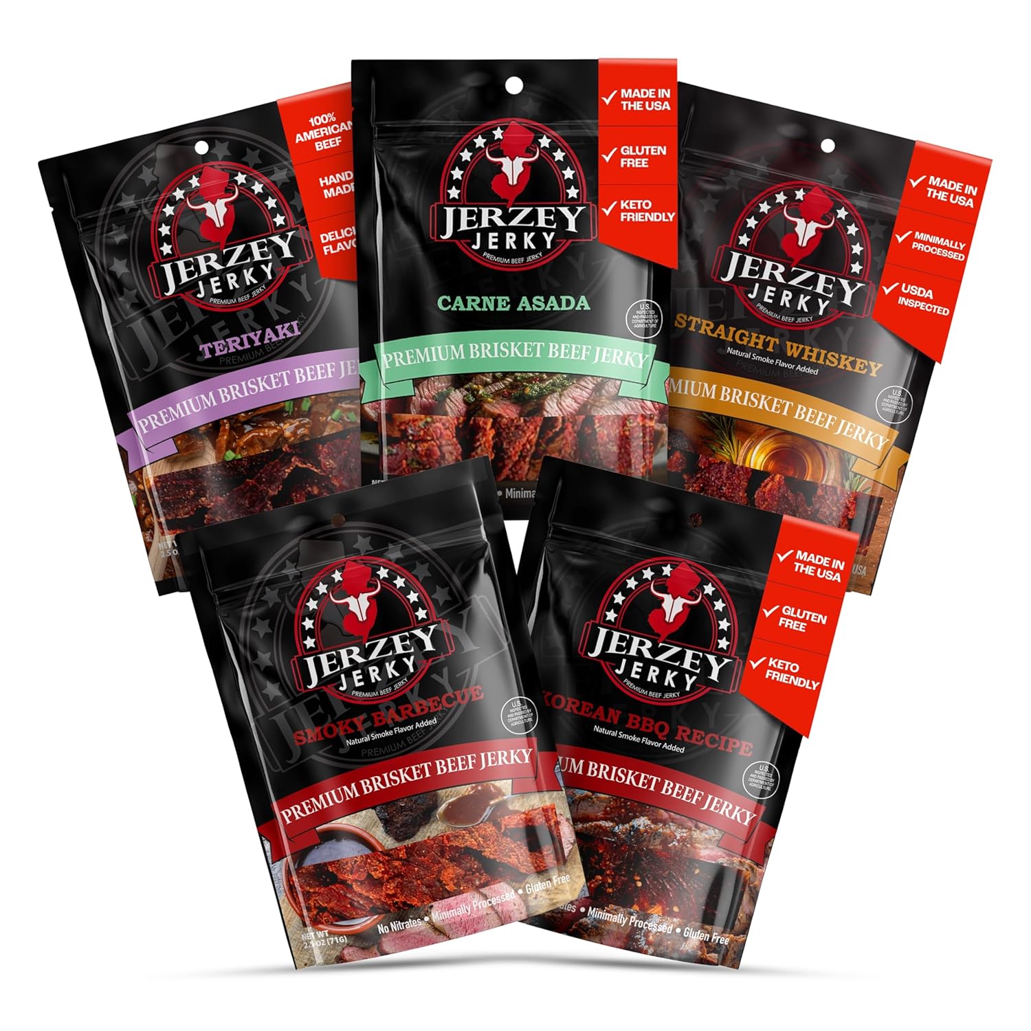 Jerzey Jerky Brisket Beef Jerky Variety Pack – Healthy Protein Snacks with Rich, Authentic Flavor – 6g of Protein Per Serving, Made with 100% Beef (5 Pack)