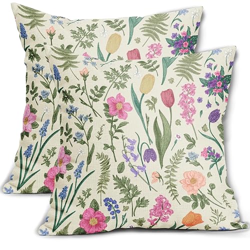 Spring Floral Pillow Covers 18x18 Inch Set of 2 Watercolor