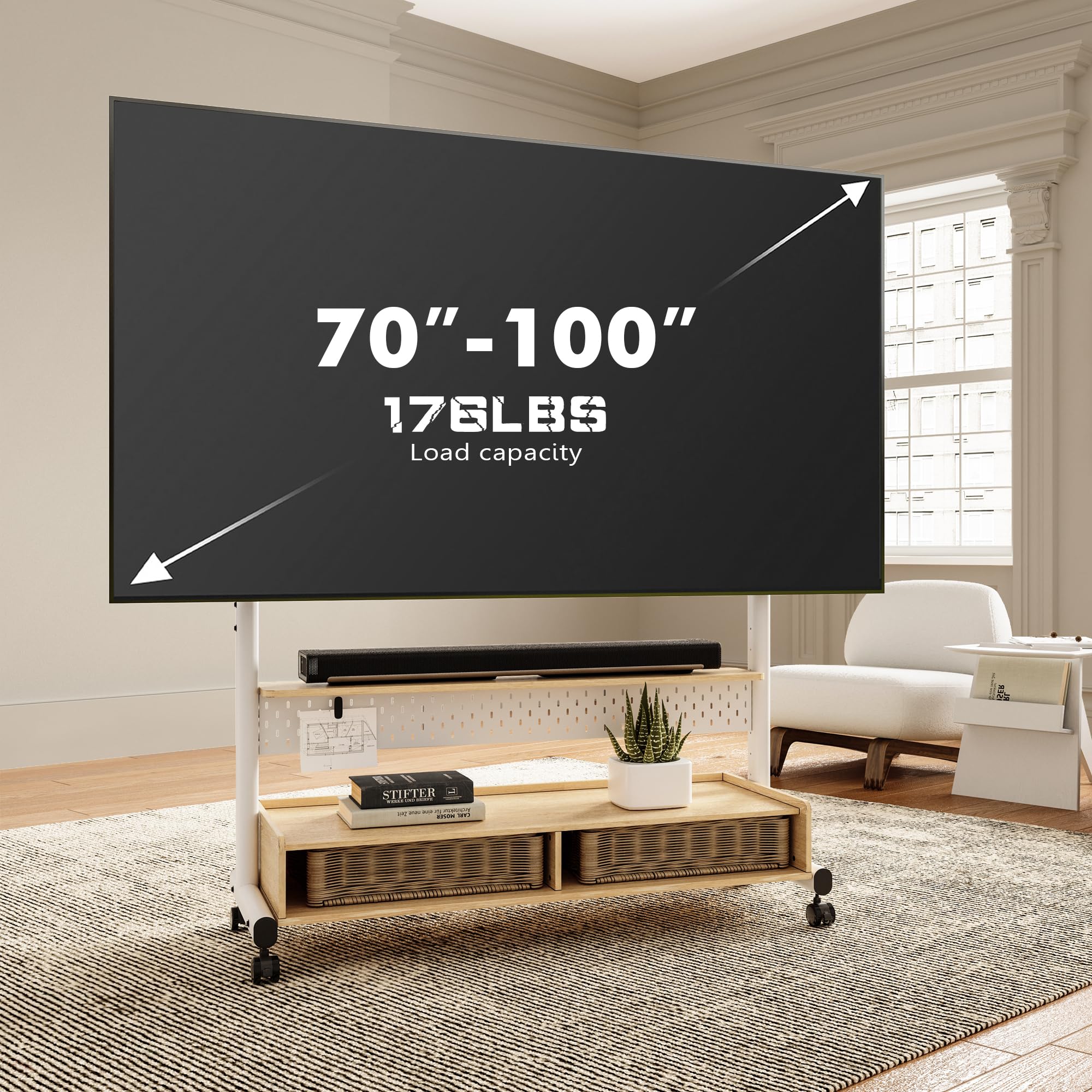 FITUEYES Mueble TV Móvil para 70 a 100 Pulgadas, Soporte TV Pie con Ruedas de Estructura de 2 Tubos, Soporte Monitor Carrito con Mueble Madera y Función de Altura Ajustable
