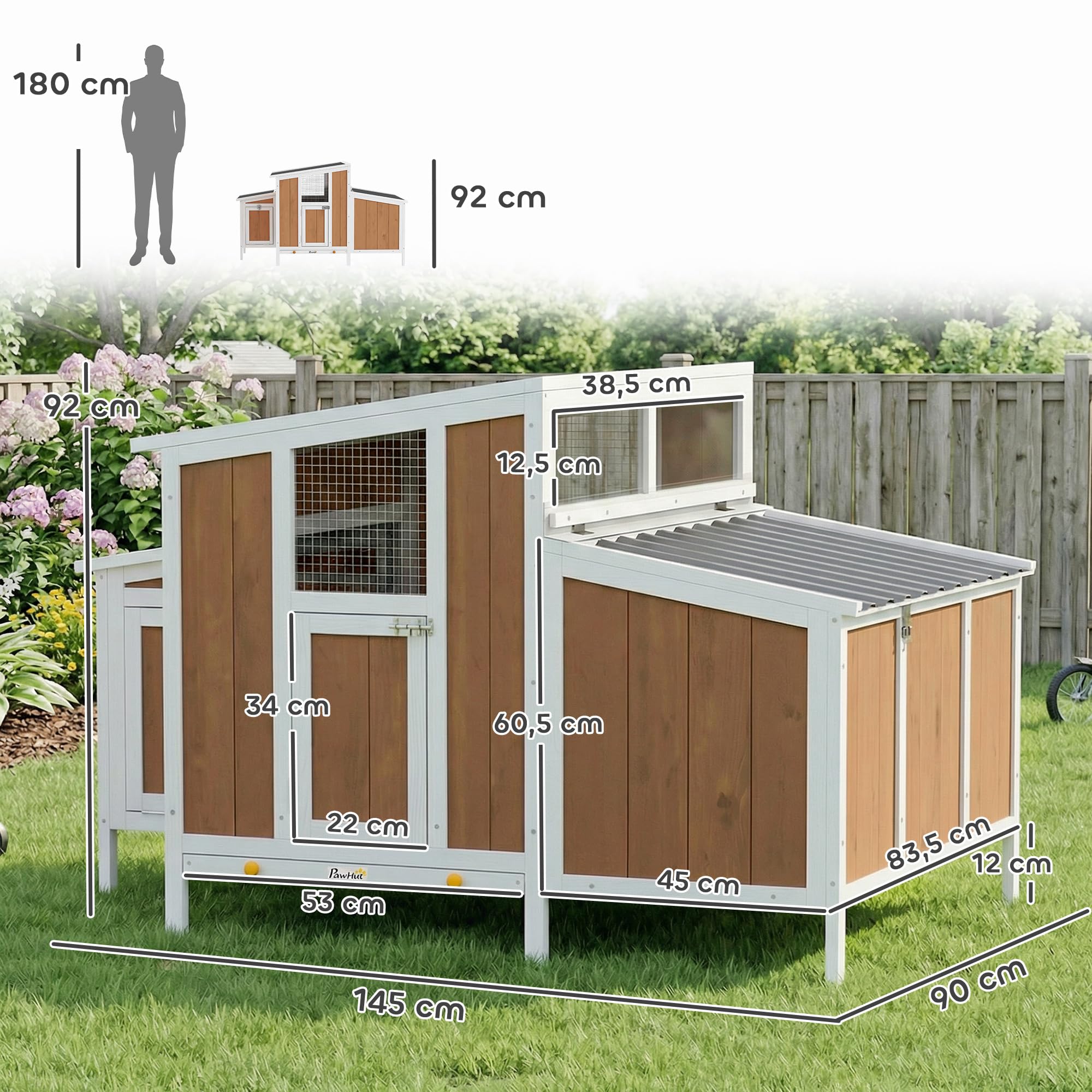 PawHut Gallinero para Exterior de Madera, 145x90x92 cm para 2-4 Gallinas, Gallinero con Nido, Casa Lateral, Bandeja Extraíble, Techo Impermeable, Puertas con Cerradura, Perchas, Conejera, Marrón Claro