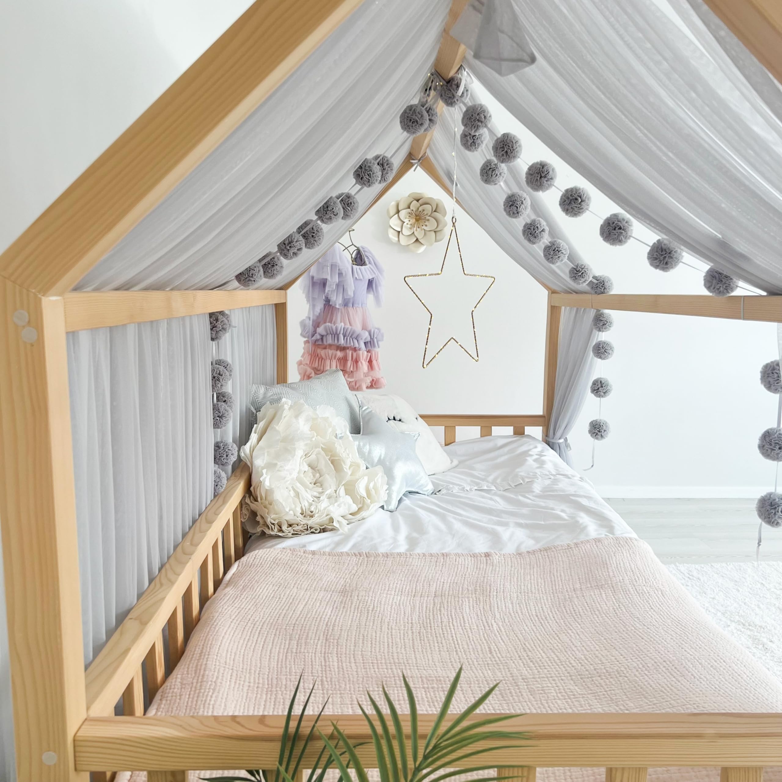 Montessori Betthimmel für Kinderzimmer, weicher Tüll, Hausbetthimmel, Kleinkind-Bodenbett-Dekoration, Kinderzimmer, Leseecke, Spielzelt (grau, 360 cm, kein Zubehör)