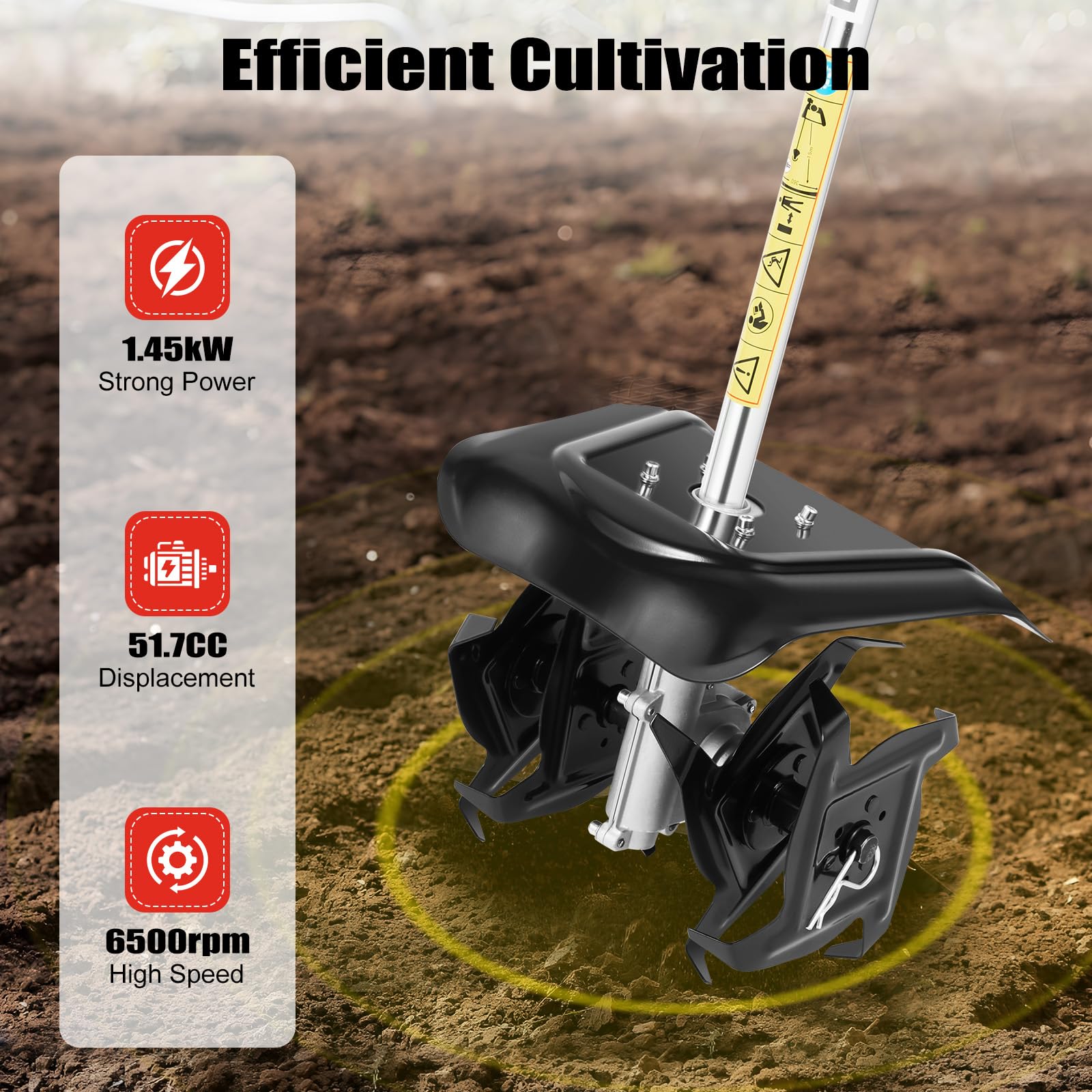 Rototiller a gas de 51.7 CC, cultivador de mano pequeño de un solo cilindro de 2 tiempos, 6500 RPM refrigerado por aire con tanque de combustible de 1.1 L para deshierbe de suelo suelto de